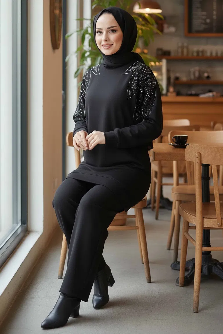 Taş Detaylı Modal İkili Takım - 28045-SIYAH - TOFİSA