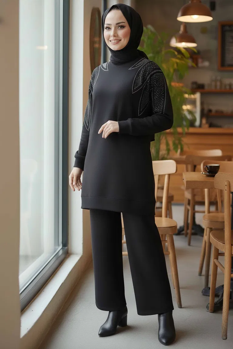 Taş Detaylı Modal İkili Takım - 28045-SIYAH - TOFİSA