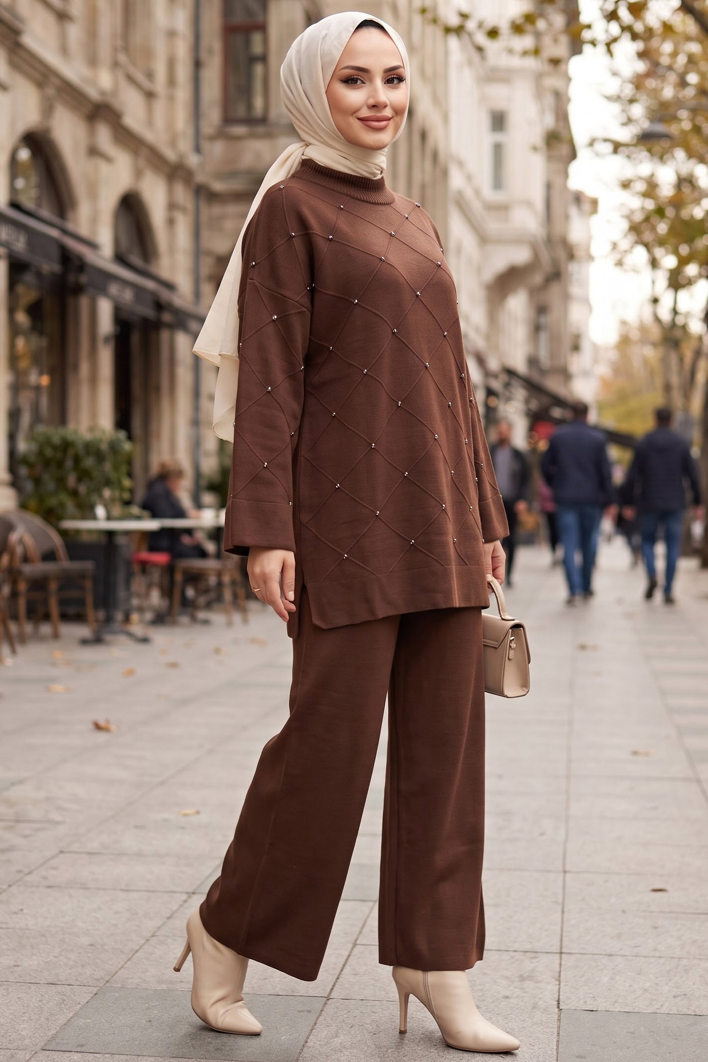 Taş Detaylı Triko Takım Kahve - 29278-KAHVE - 1
