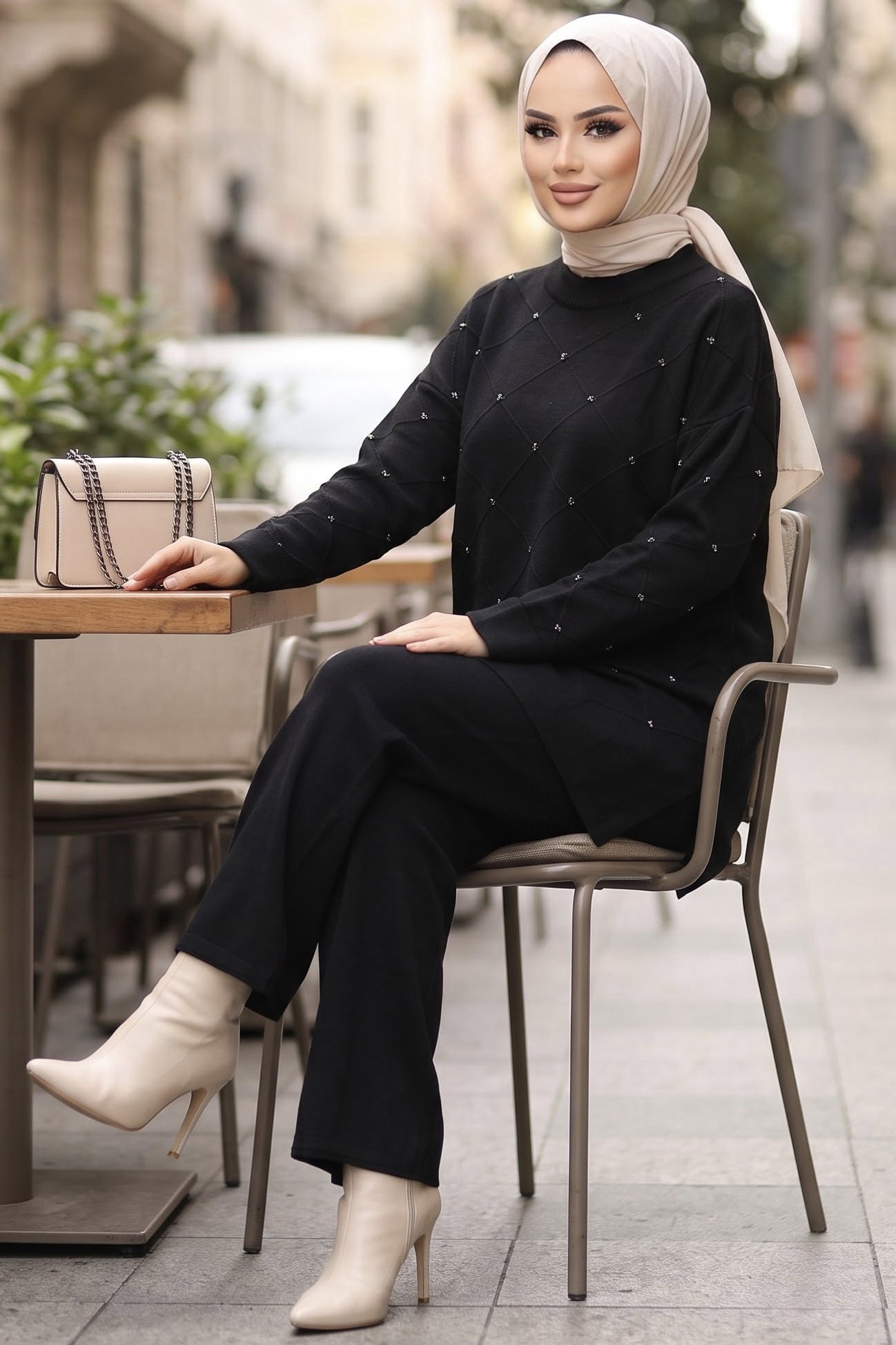 Taş Detaylı Triko Takım Siyah - 29278-SIYAH - 2