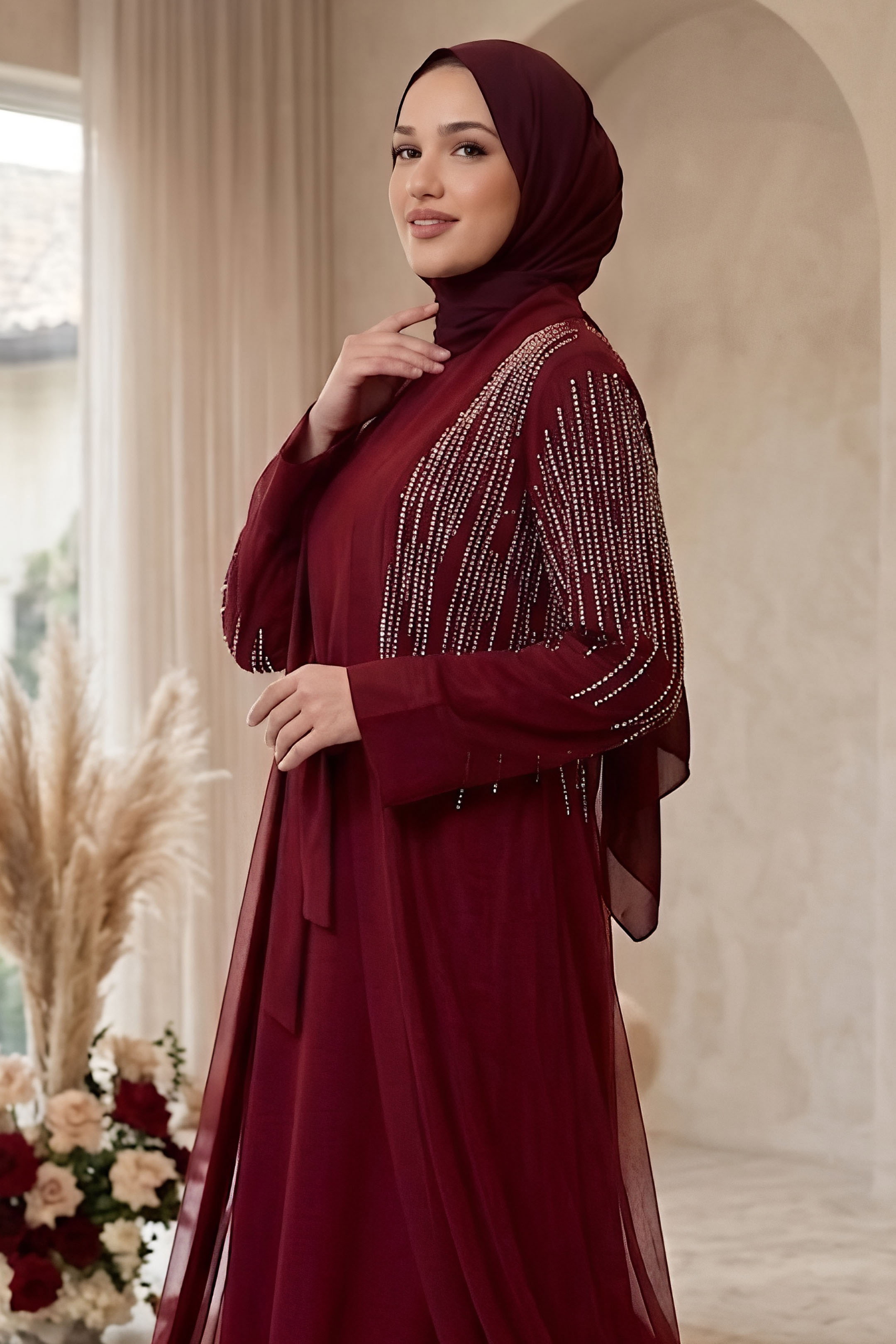 Taş Payetli İkili Takım Bordo - 28786-BORDO - 2