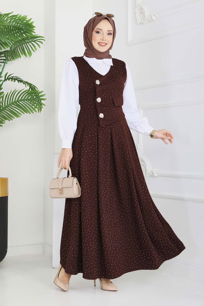 Taş Ve Düğme Detaylı Elbise - 28227-KAHVE 