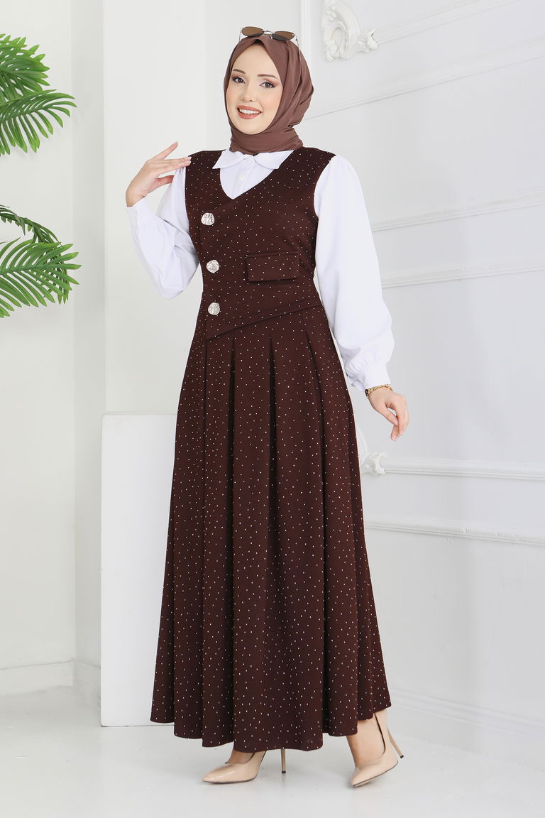 Taş Ve Düğme Detaylı Elbise - 28227-KAHVE - TOFİSA