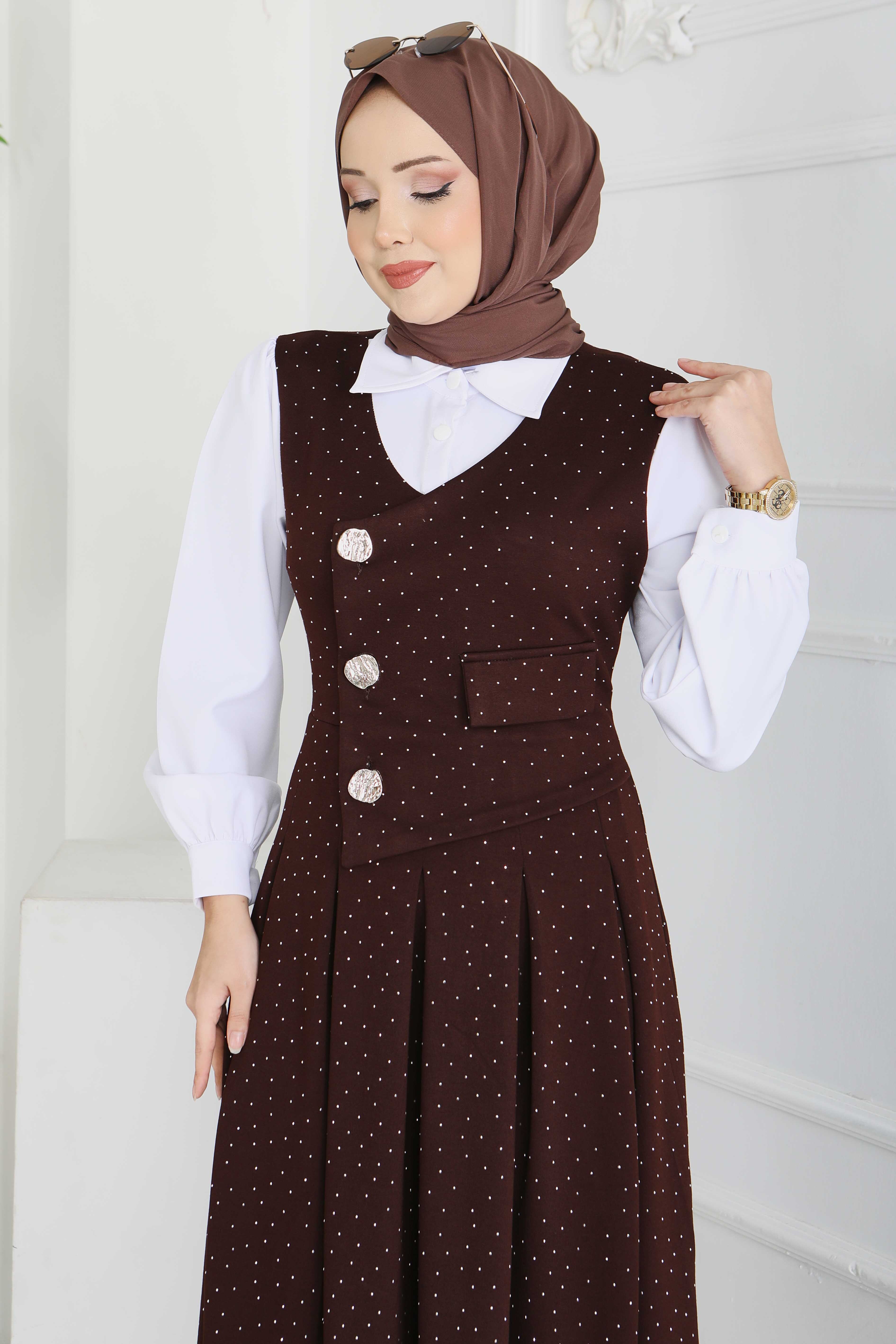 Taş Ve Düğme Detaylı Elbise - 28227-KAHVE - 3