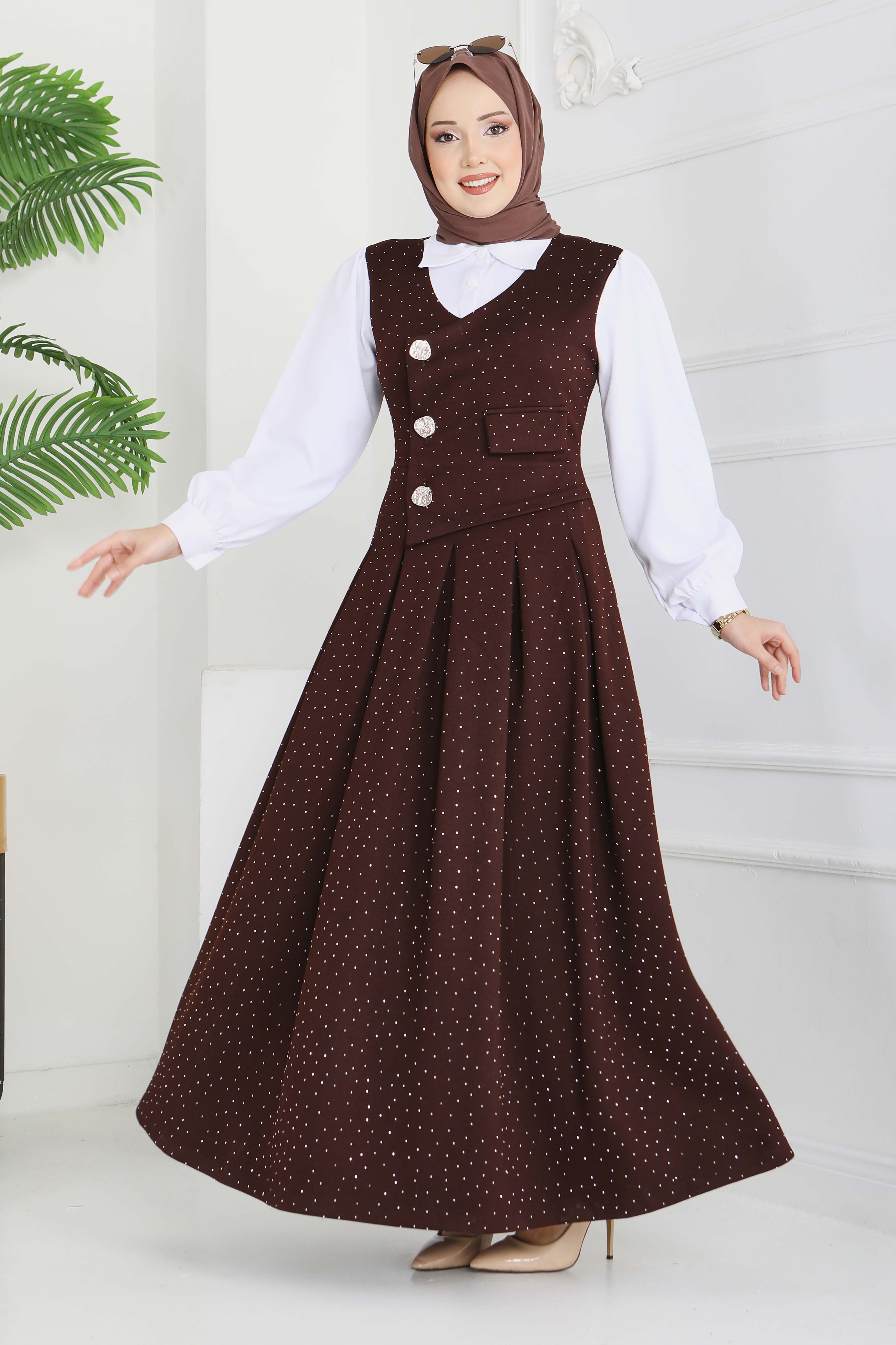 Taş Ve Düğme Detaylı Elbise - 28227-KAHVE - 4