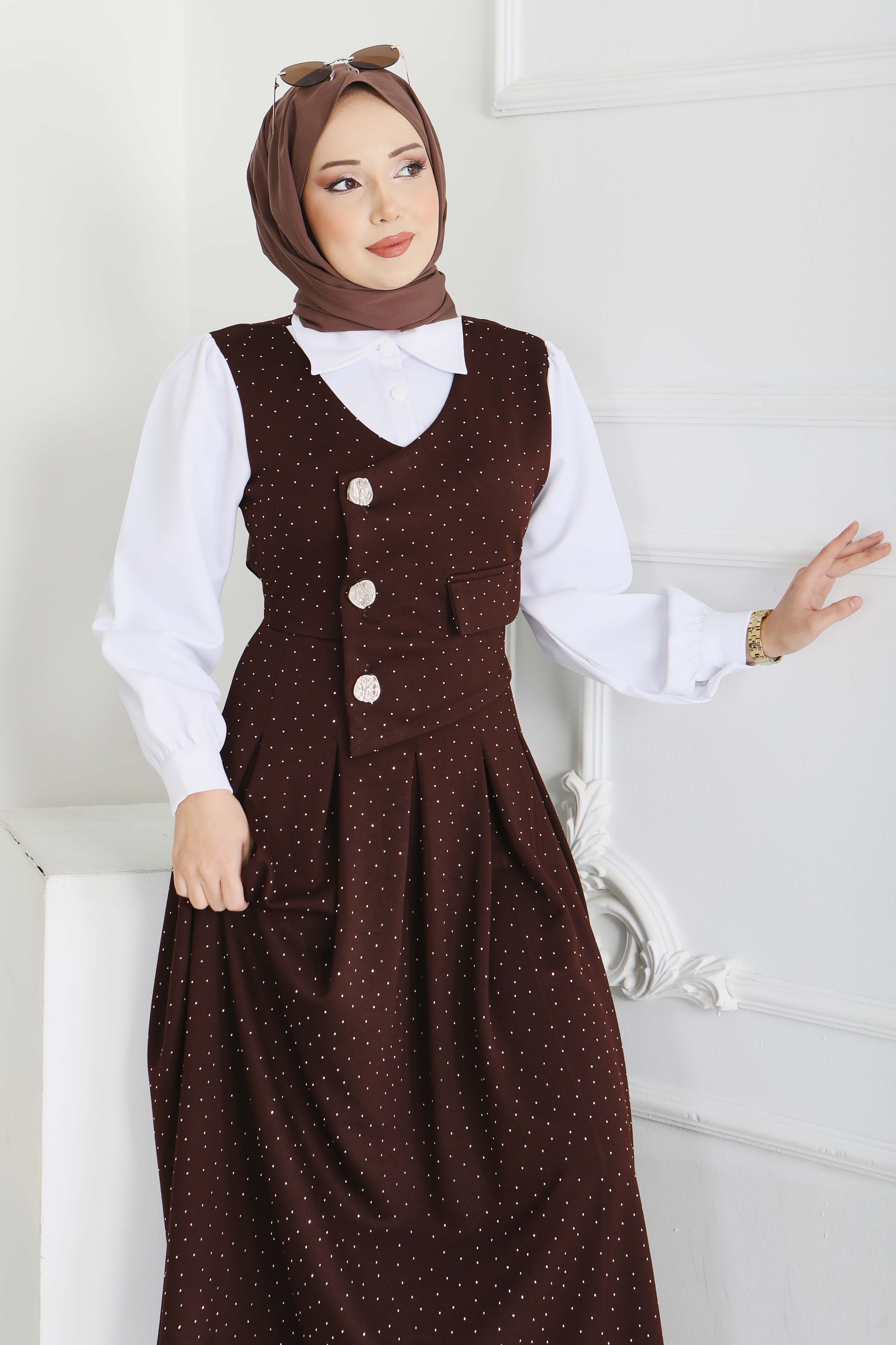 Taş Ve Düğme Detaylı Elbise - 28227-KAHVE - 5