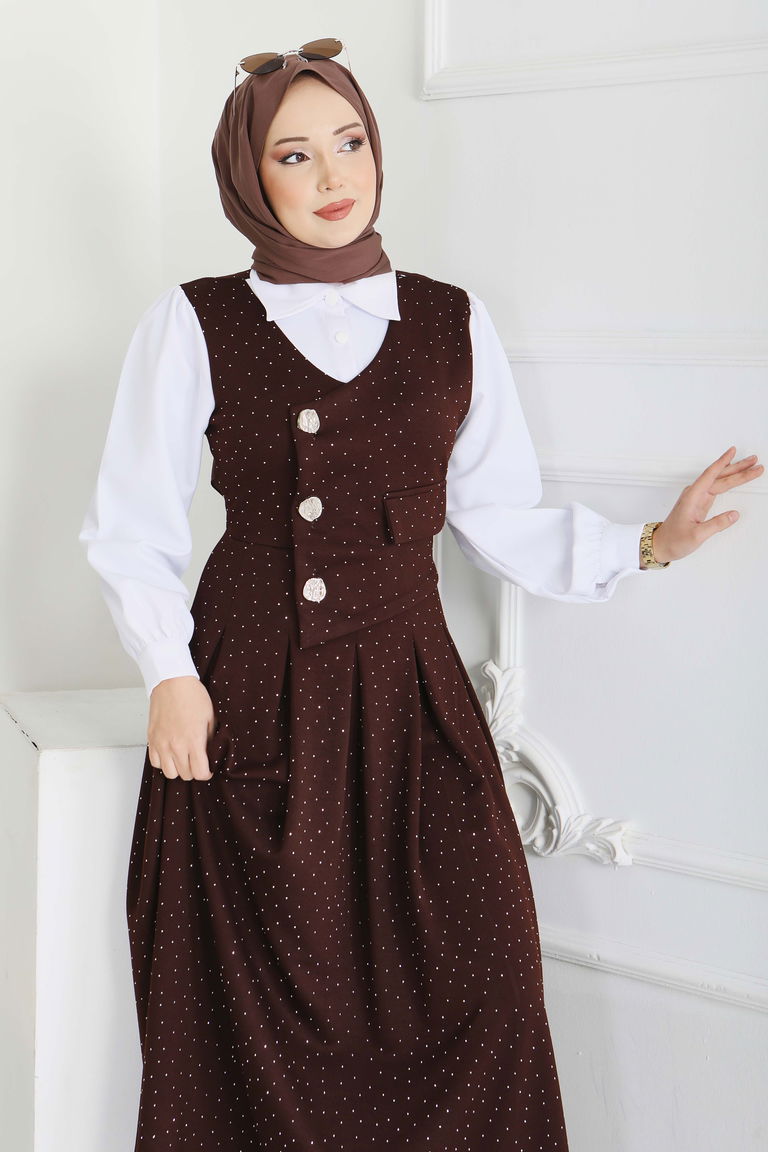 Taş Ve Düğme Detaylı Elbise - 28227-KAHVE - TOFİSA