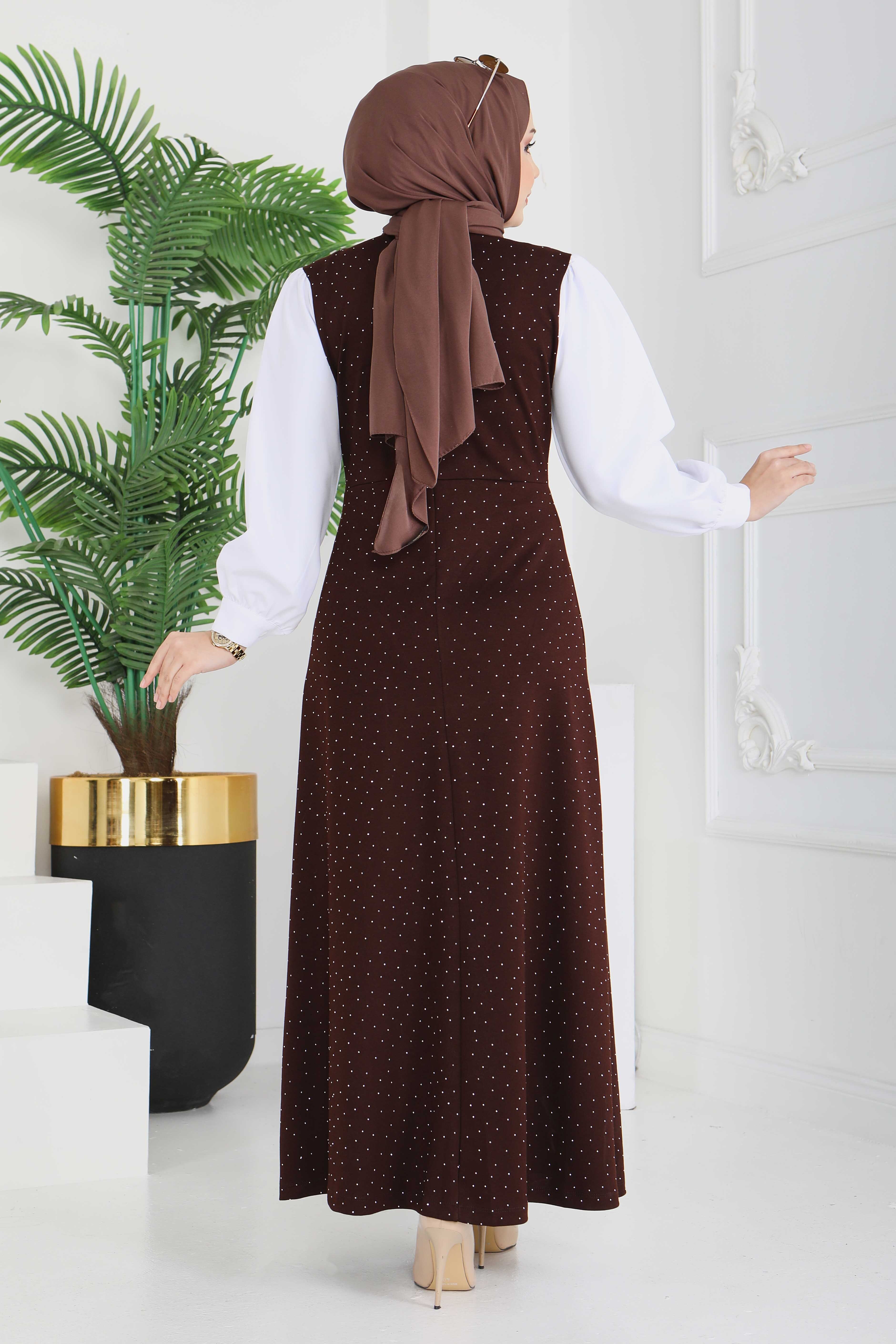 Taş Ve Düğme Detaylı Elbise - 28227-KAHVE - 7