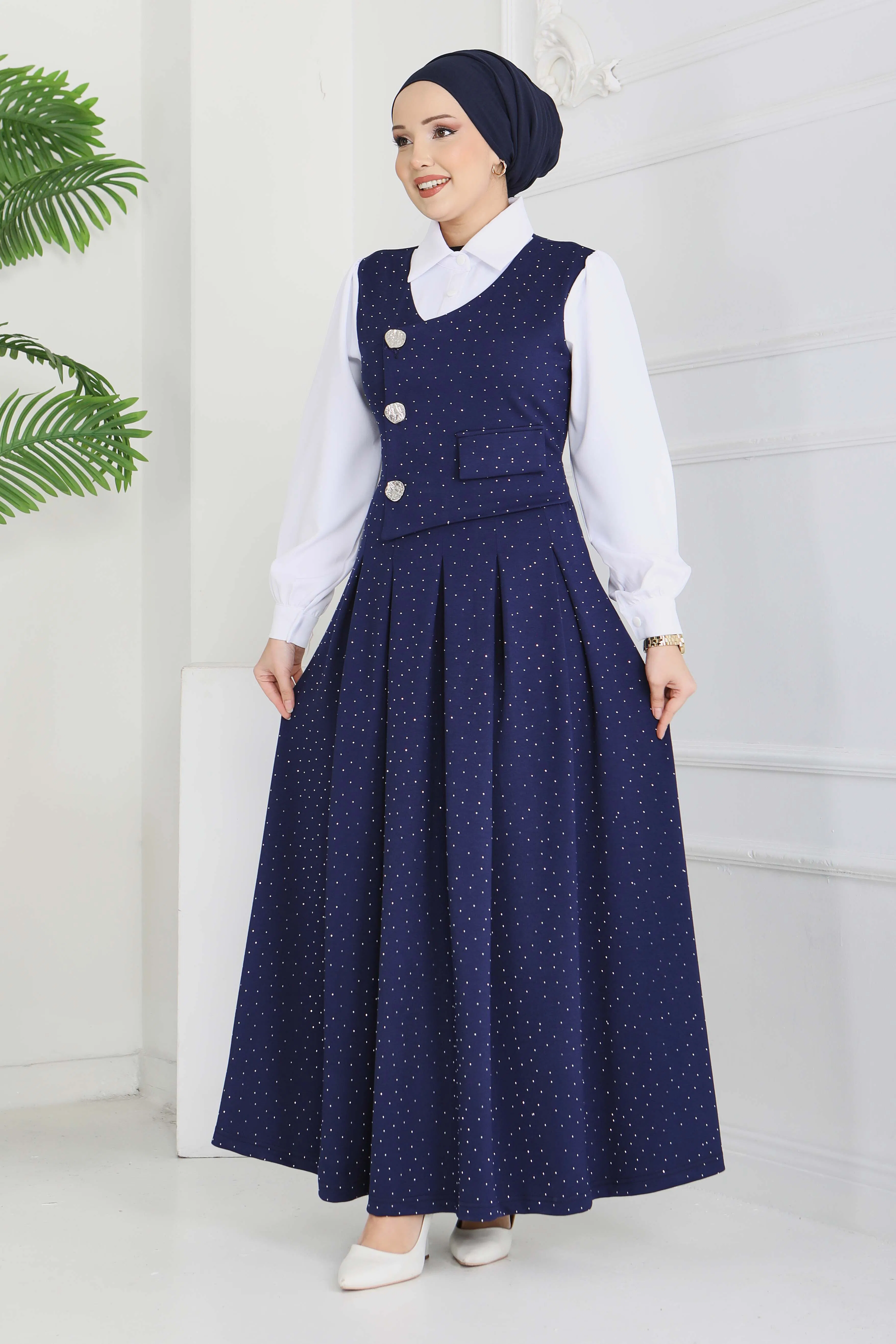 Taş Ve Düğme Detaylı Elbise - 28227-LACIVERT - 1