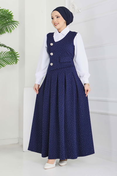 Taş Ve Düğme Detaylı Elbise - 28227-LACIVERT 