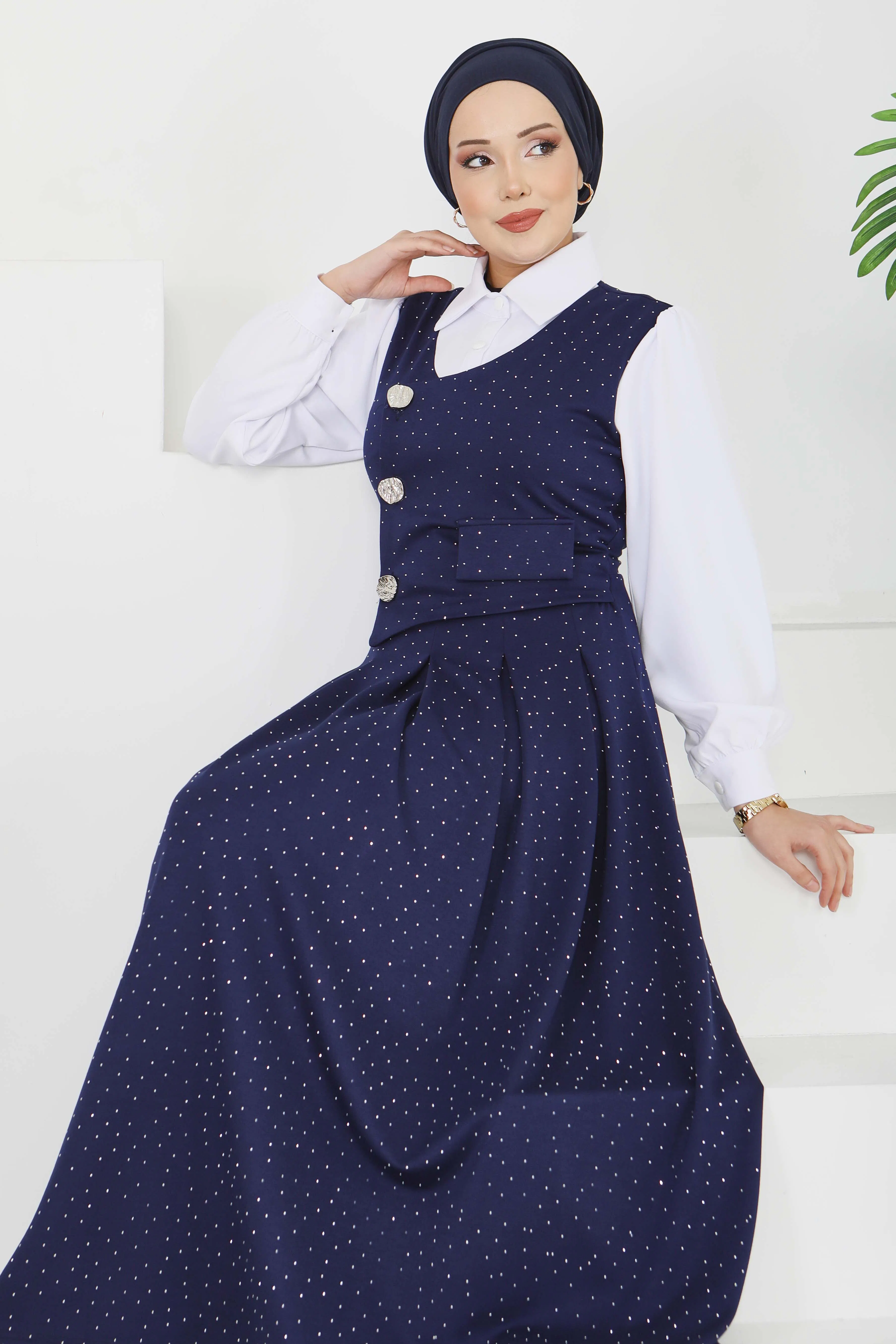 Taş Ve Düğme Detaylı Elbise - 28227-LACIVERT - 2