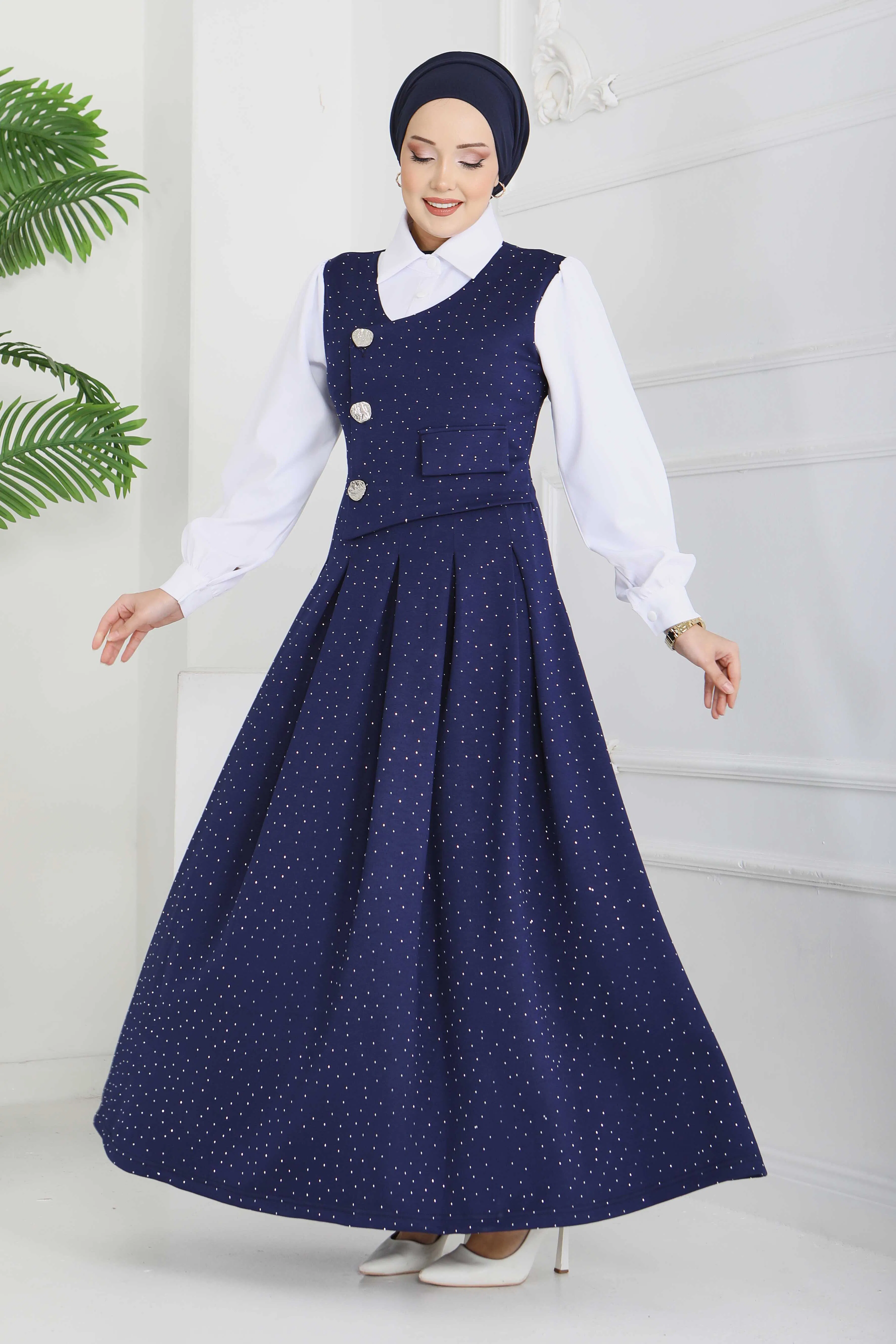 Taş Ve Düğme Detaylı Elbise - 28227-LACIVERT - 3