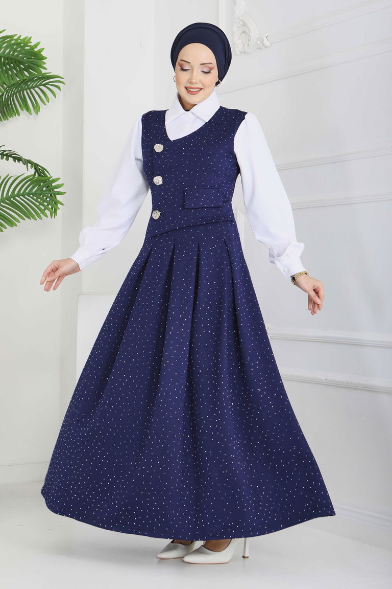 Taş Ve Düğme Detaylı Elbise - 28227-LACIVERT - TOFİSA