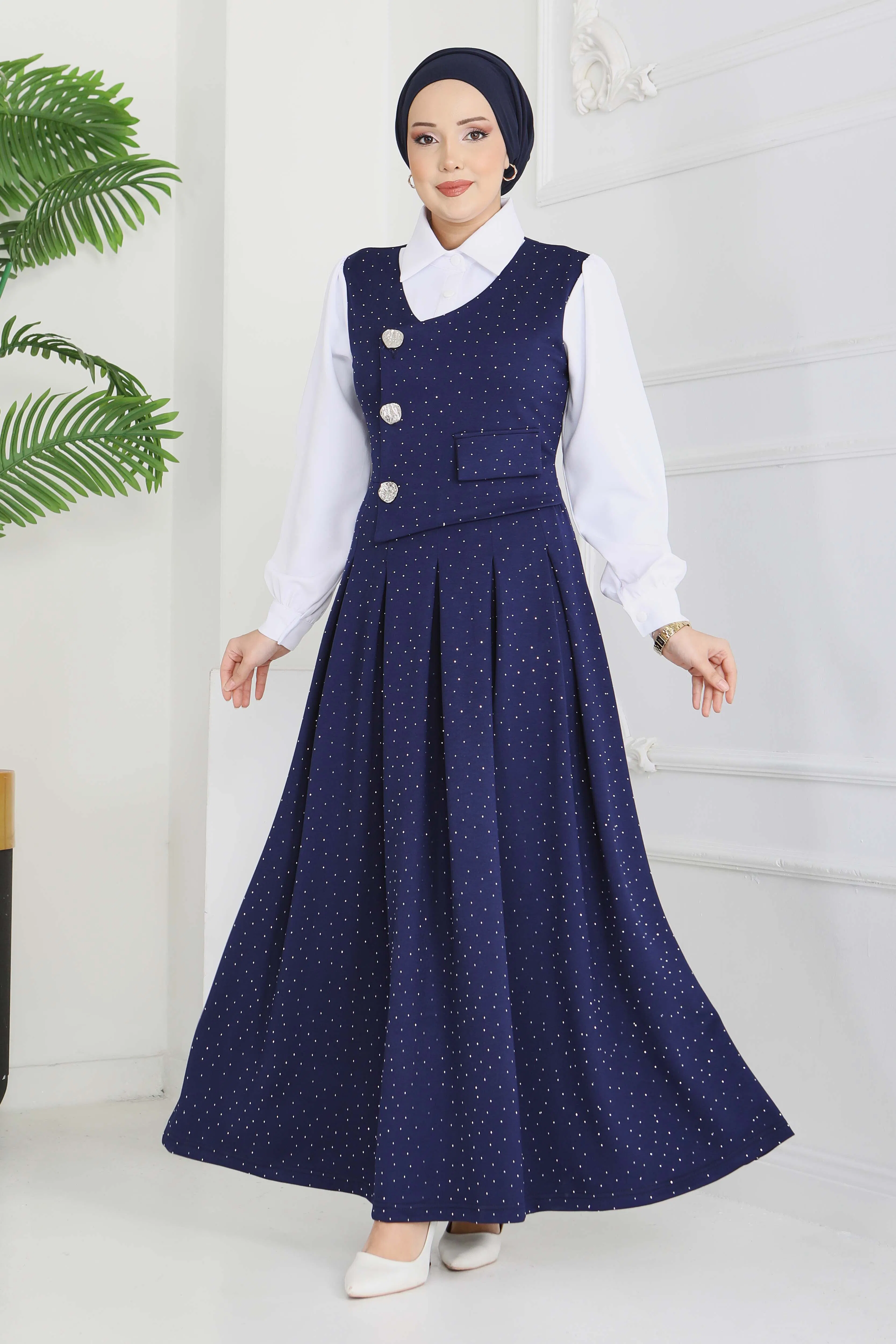 Taş Ve Düğme Detaylı Elbise - 28227-LACIVERT - 4