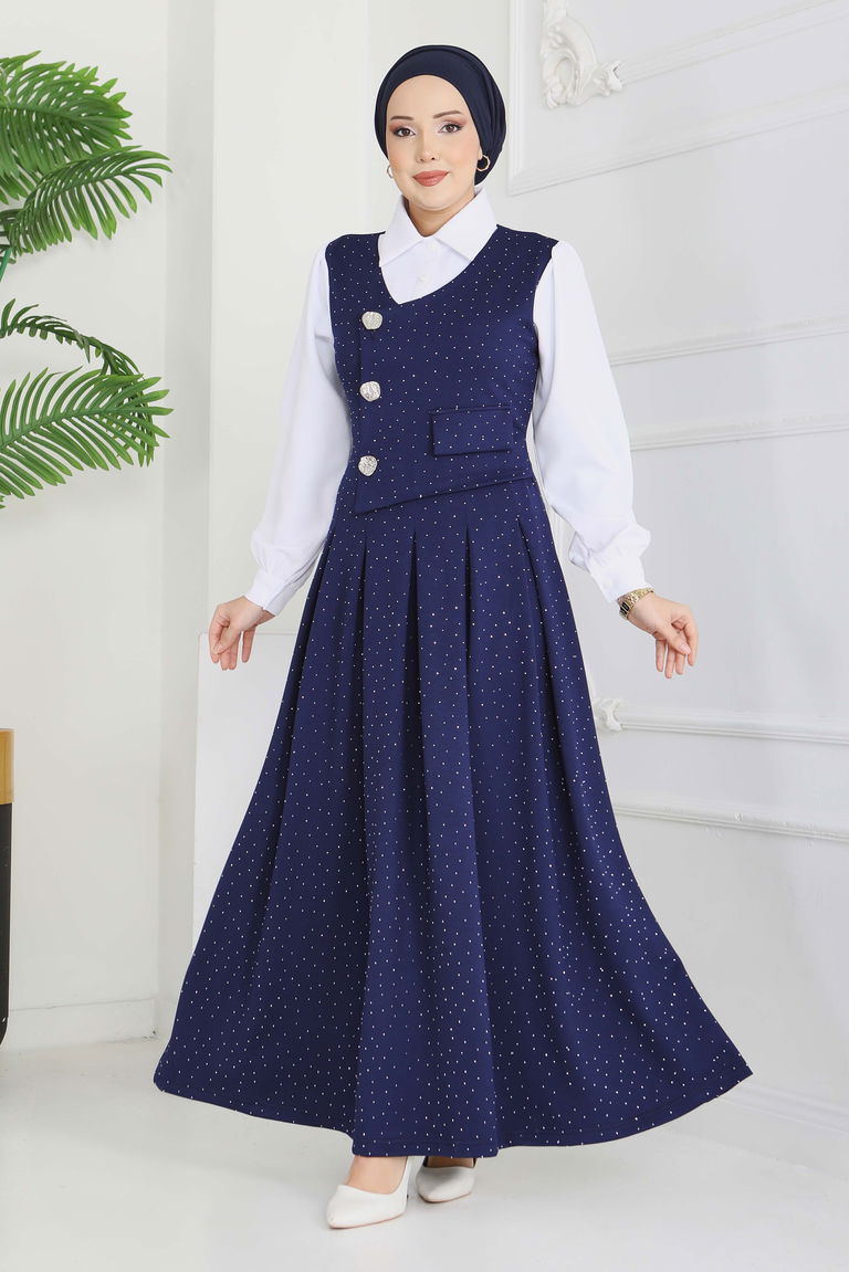 Taş Ve Düğme Detaylı Elbise - 28227-LACIVERT - TOFİSA