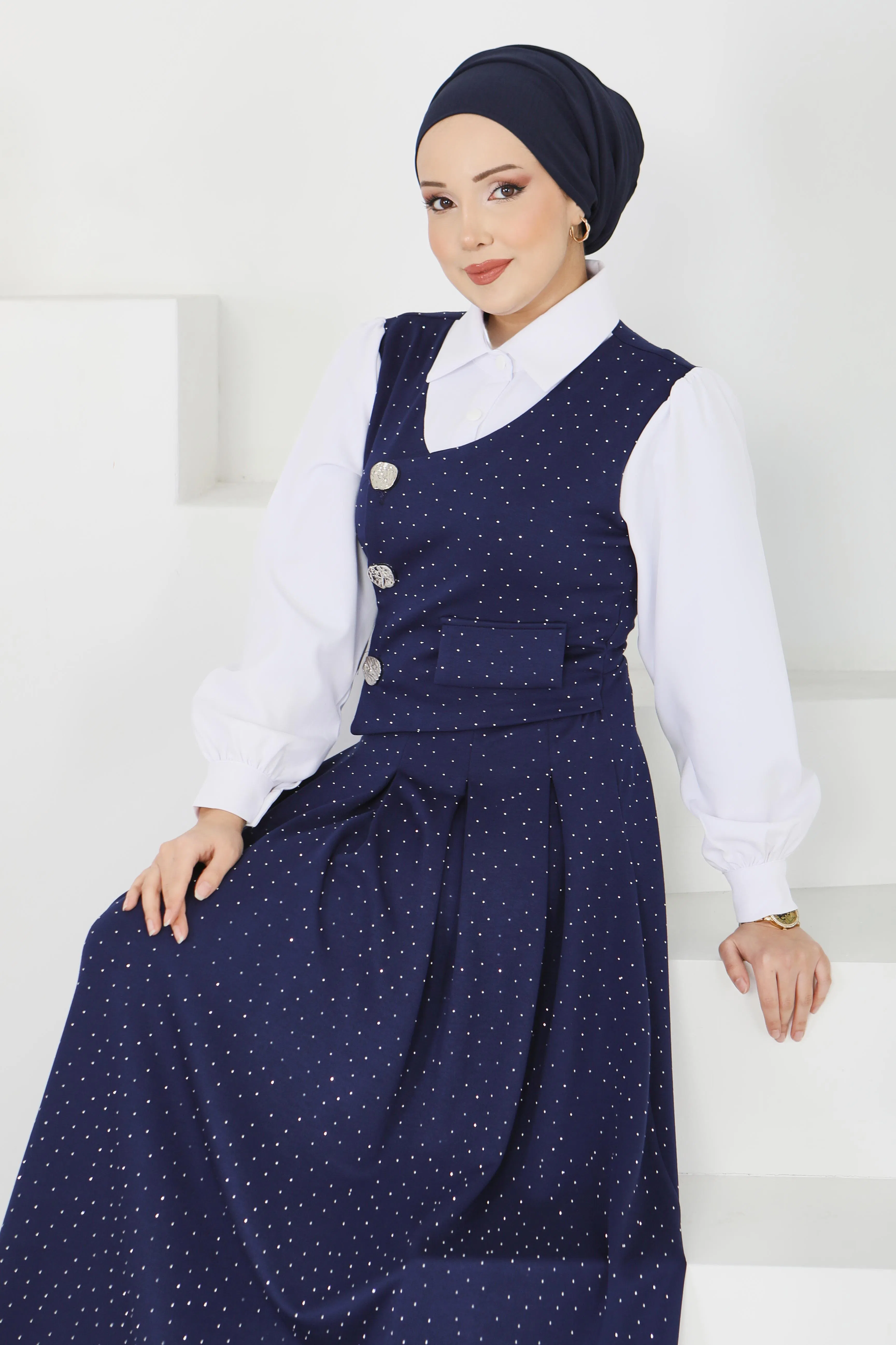 Taş Ve Düğme Detaylı Elbise - 28227-LACIVERT - 5