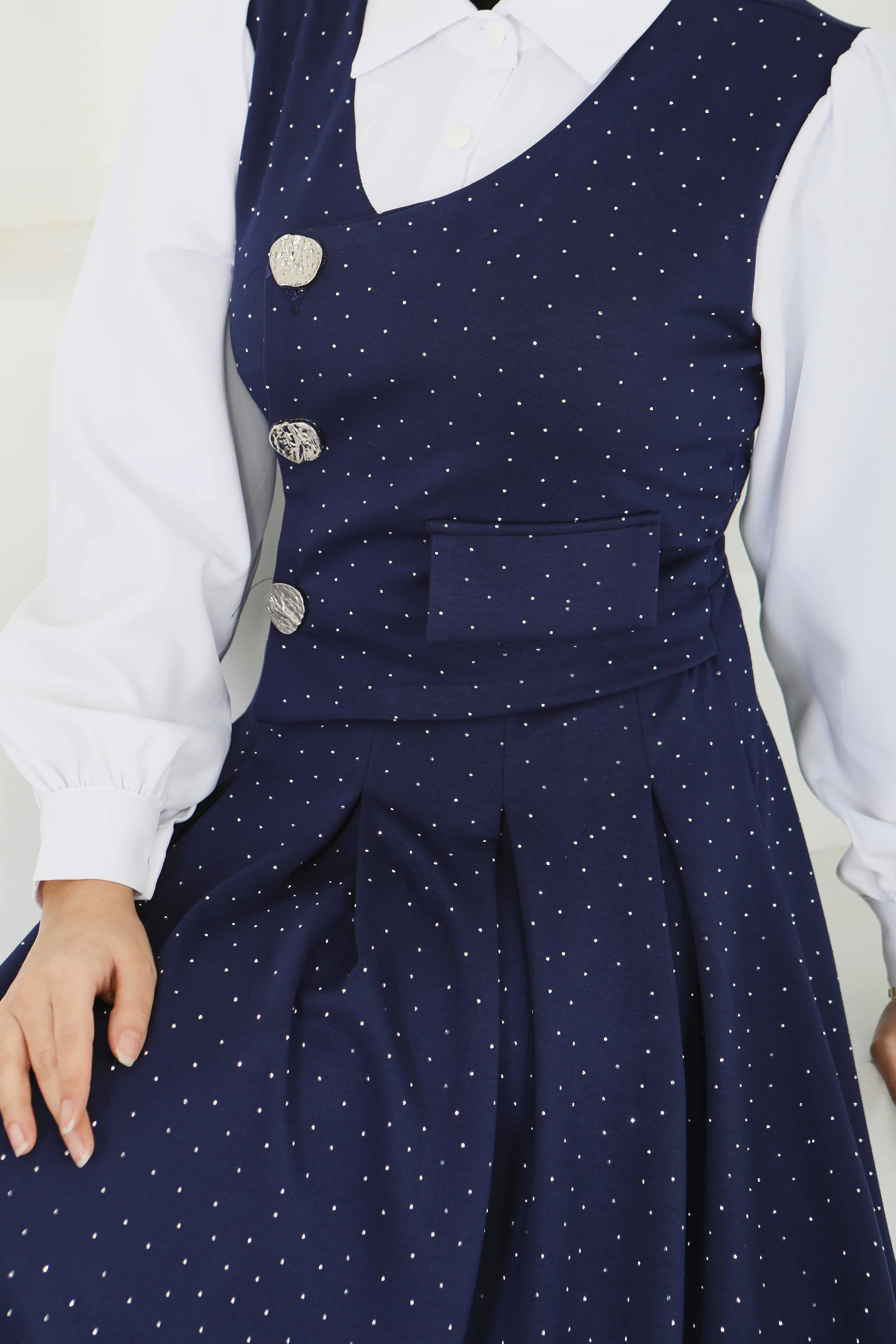 Taş Ve Düğme Detaylı Elbise - 28227-LACIVERT - 6