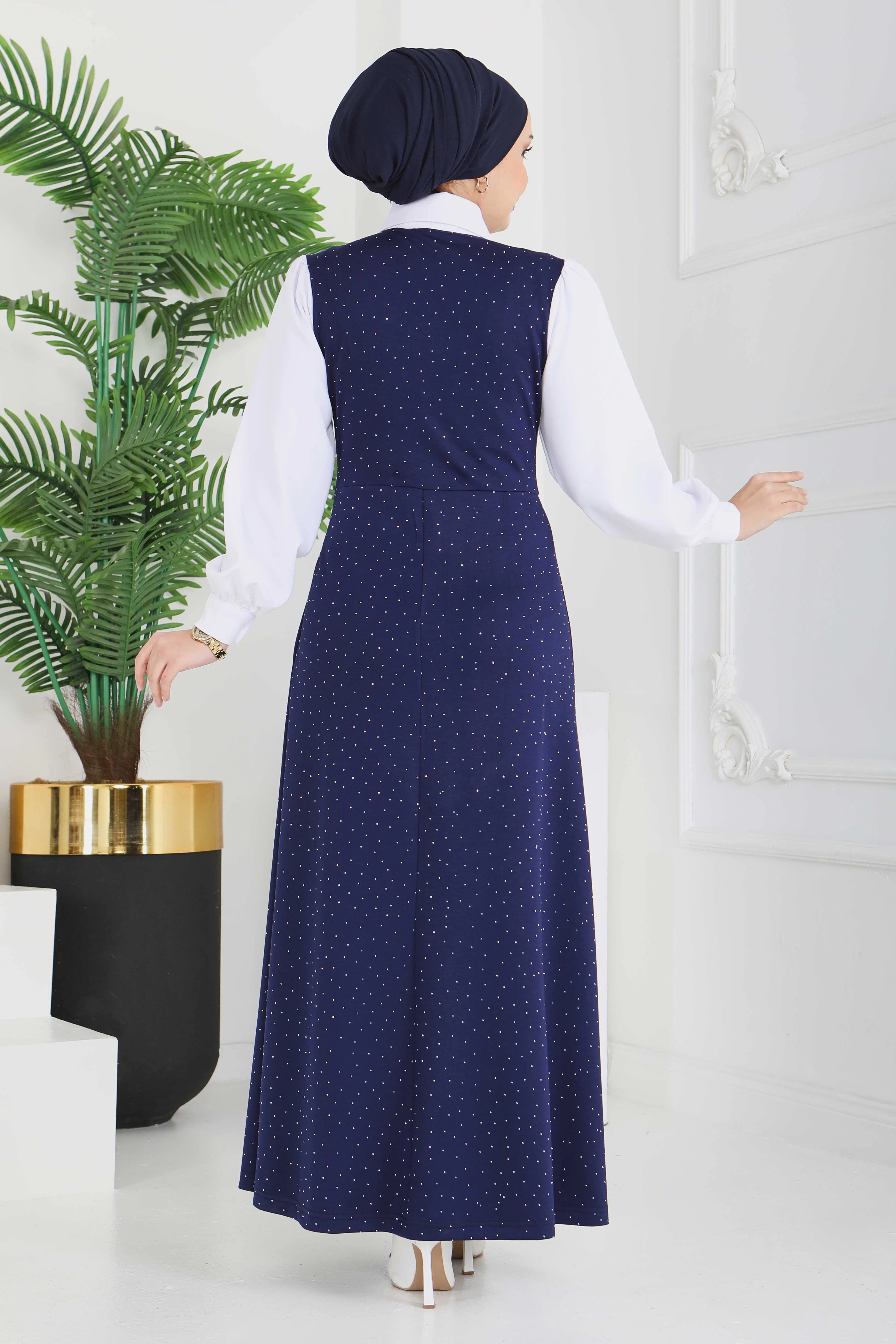 Taş Ve Düğme Detaylı Elbise - 28227-LACIVERT - 7