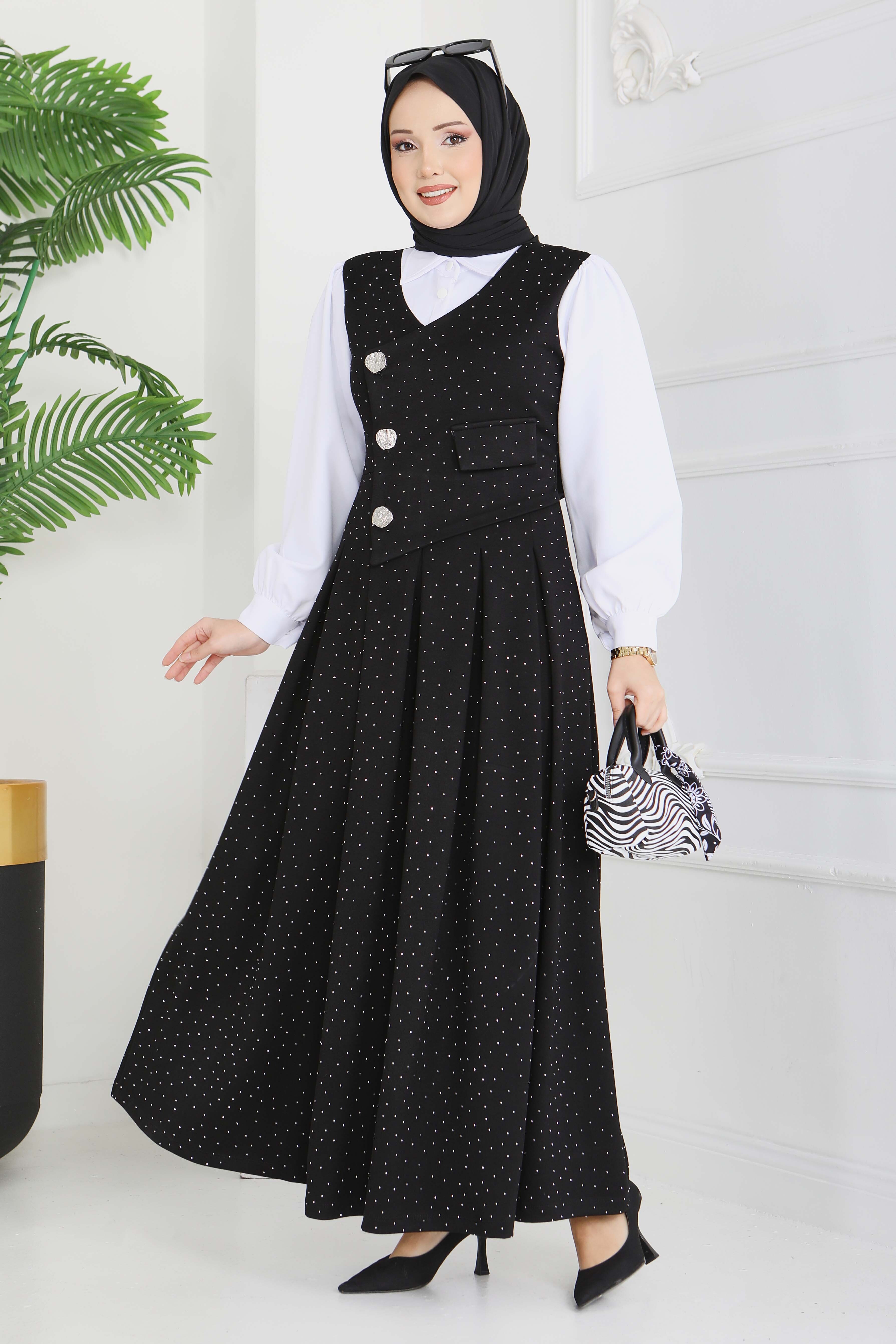 Taş Ve Düğme Detaylı Elbise - 28227-SIYAH - 2