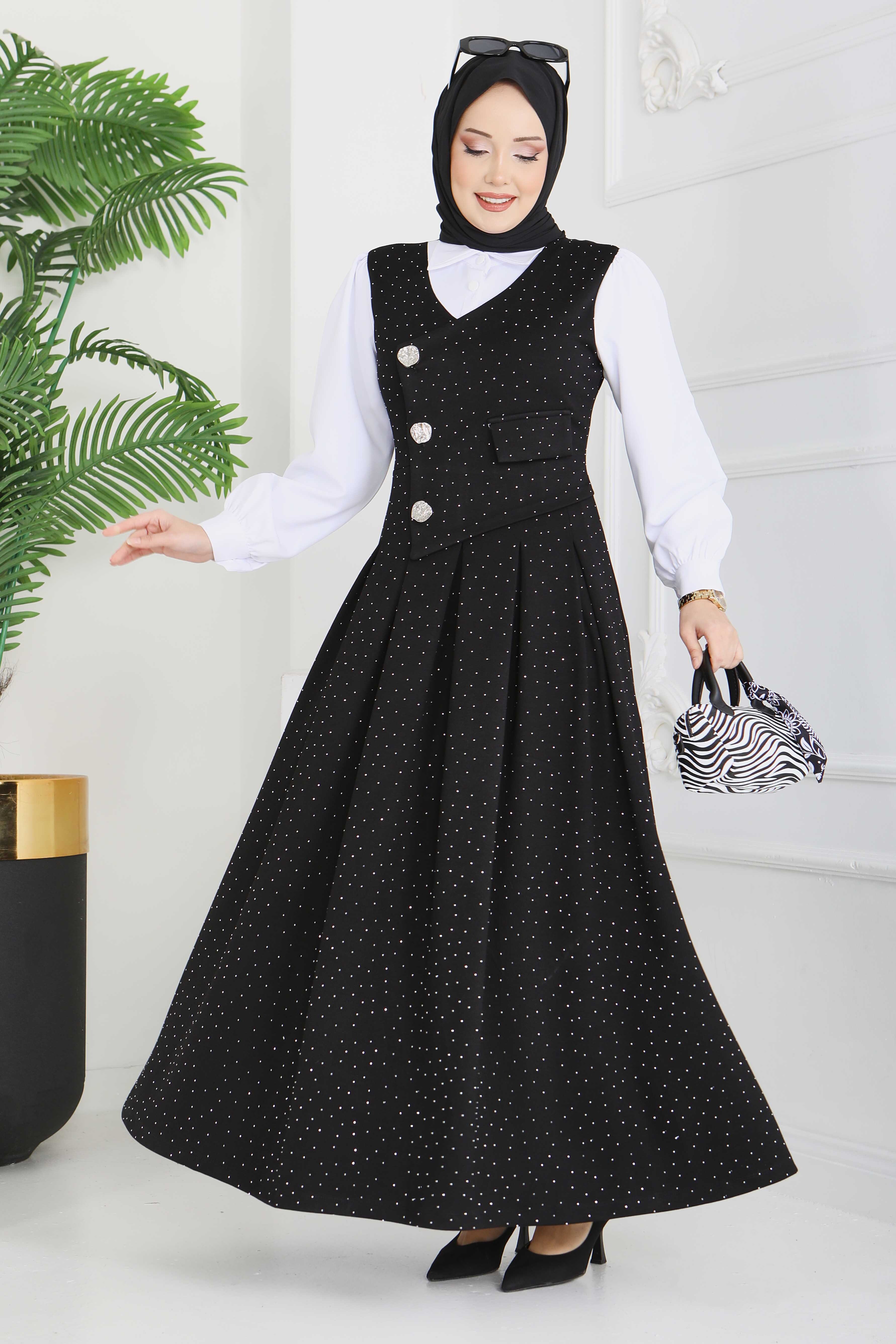 Taş Ve Düğme Detaylı Elbise - 28227-SIYAH - 3