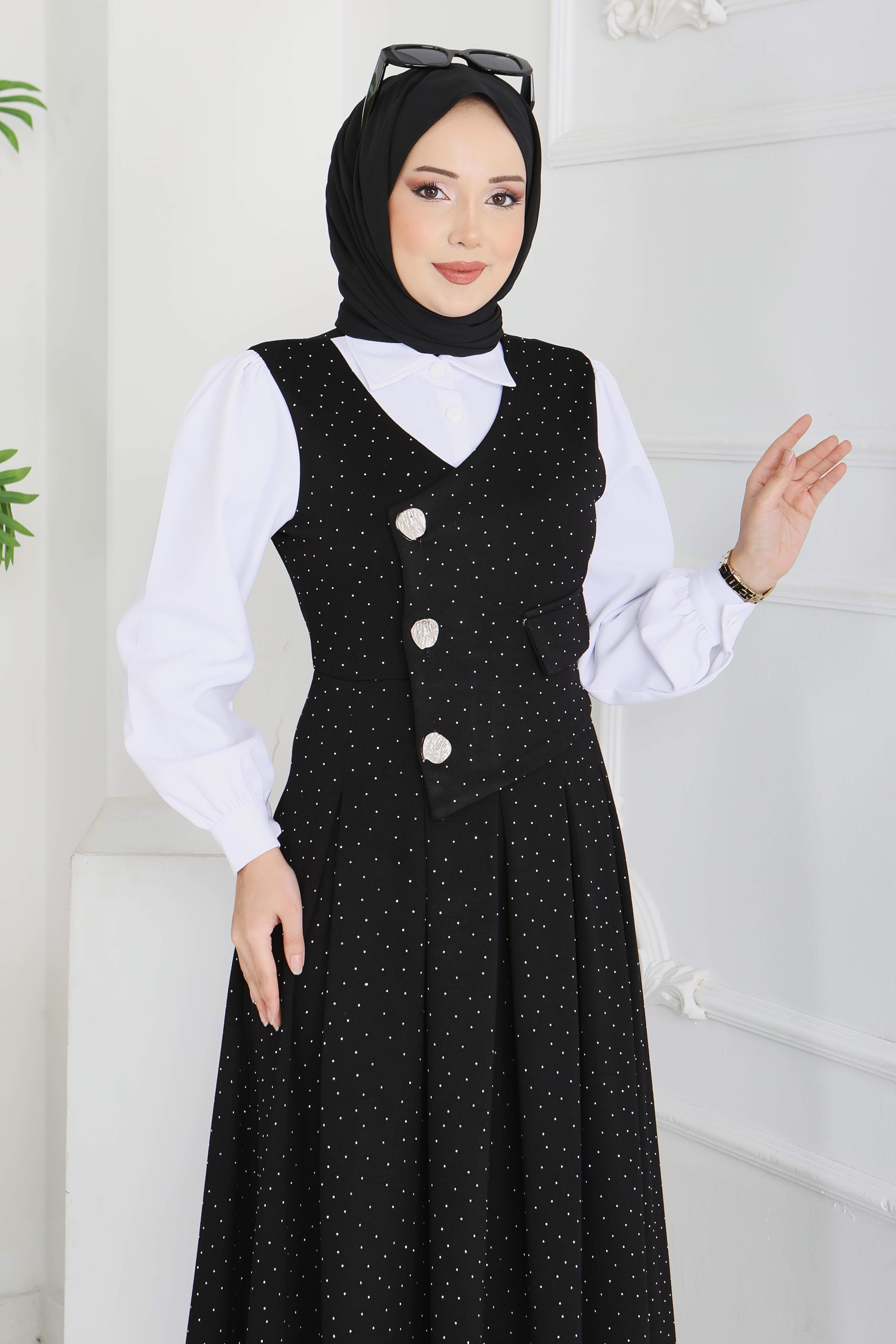 Taş Ve Düğme Detaylı Elbise - 28227-SIYAH - 4