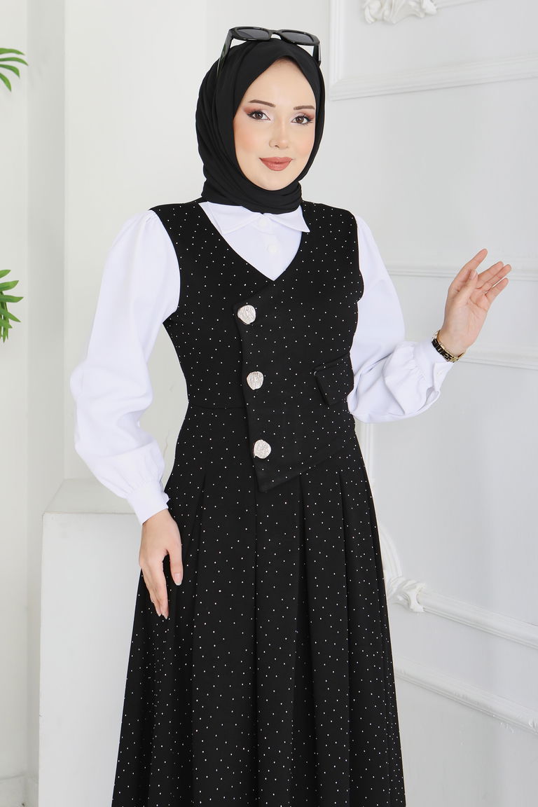 Taş Ve Düğme Detaylı Elbise - 28227-SIYAH - TOFİSA