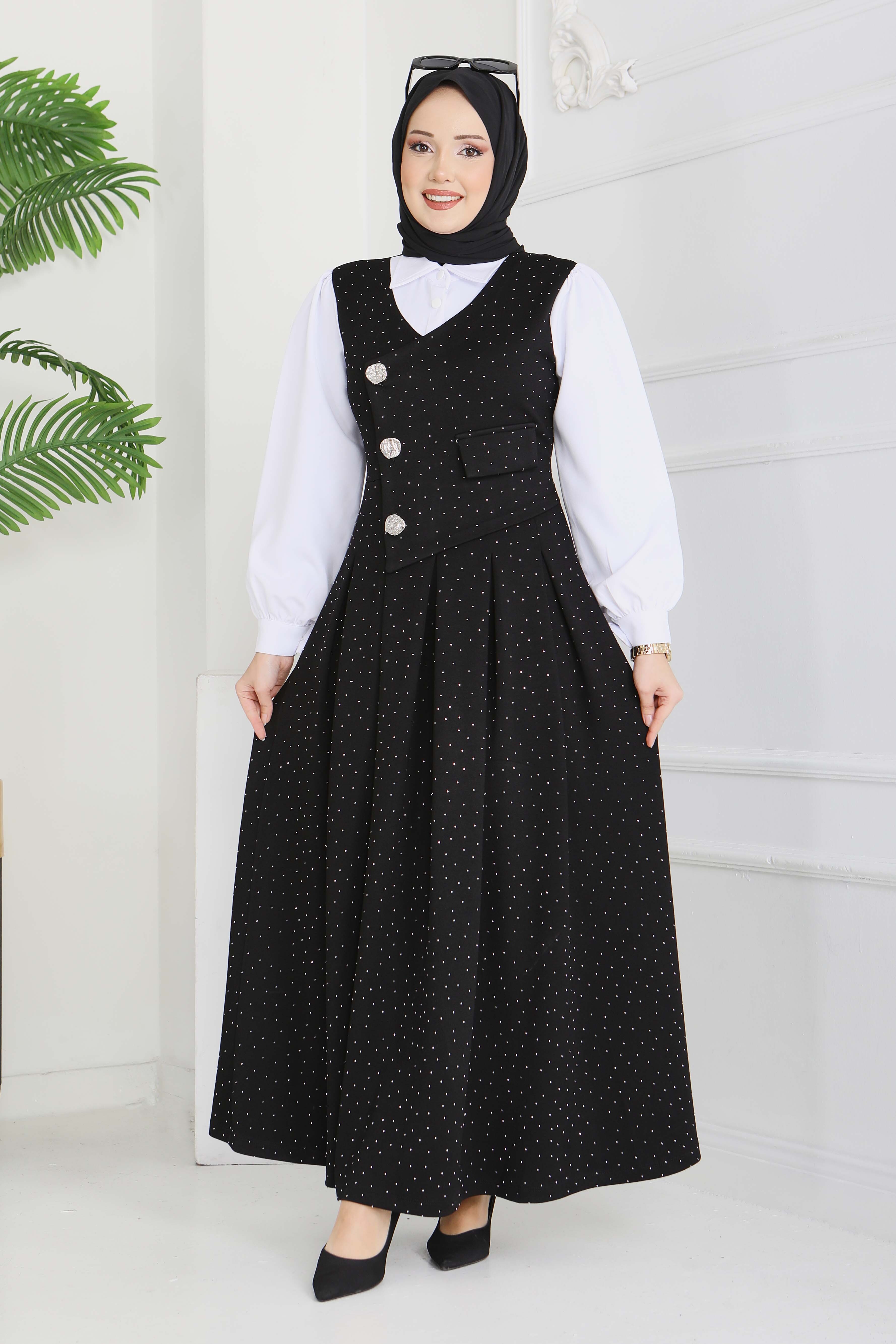 Taş Ve Düğme Detaylı Elbise - 28227-SIYAH - 5