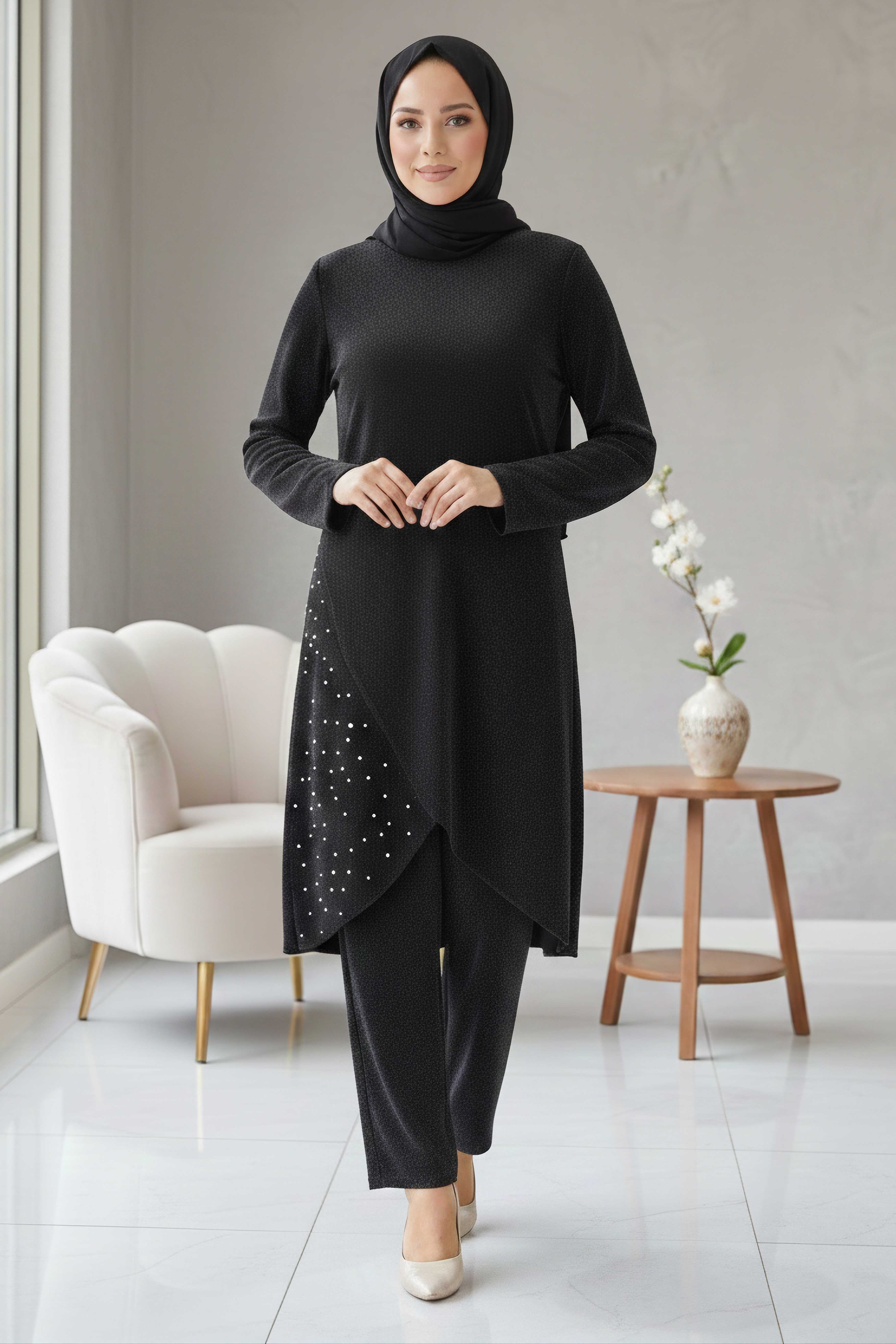 Taş Ve Simli İkili Takım - 28302-SIYAH - 2