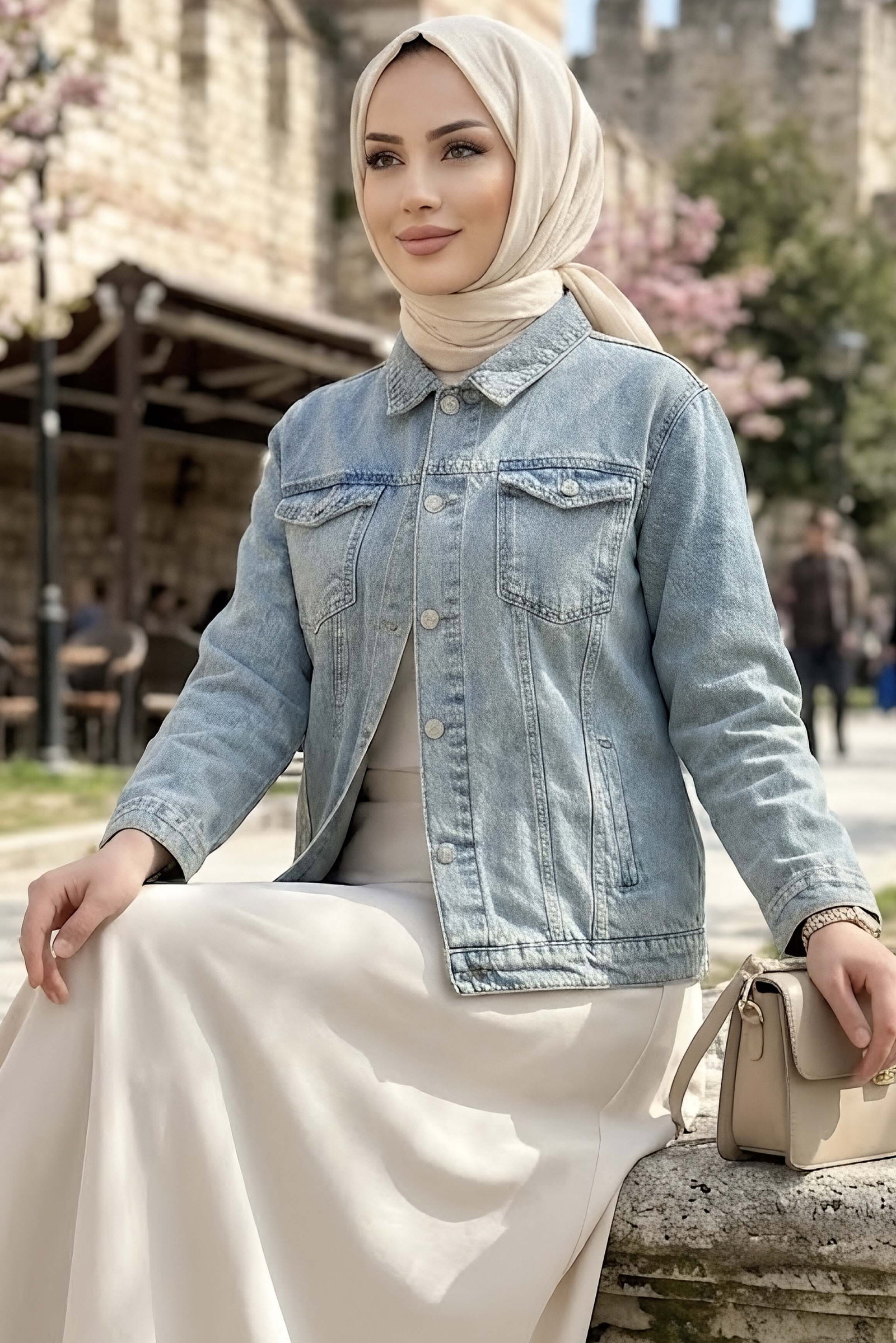 Taşlı Cepli Kot Ceket Buz Mavi - 29037-BUZ-MAVI - 1