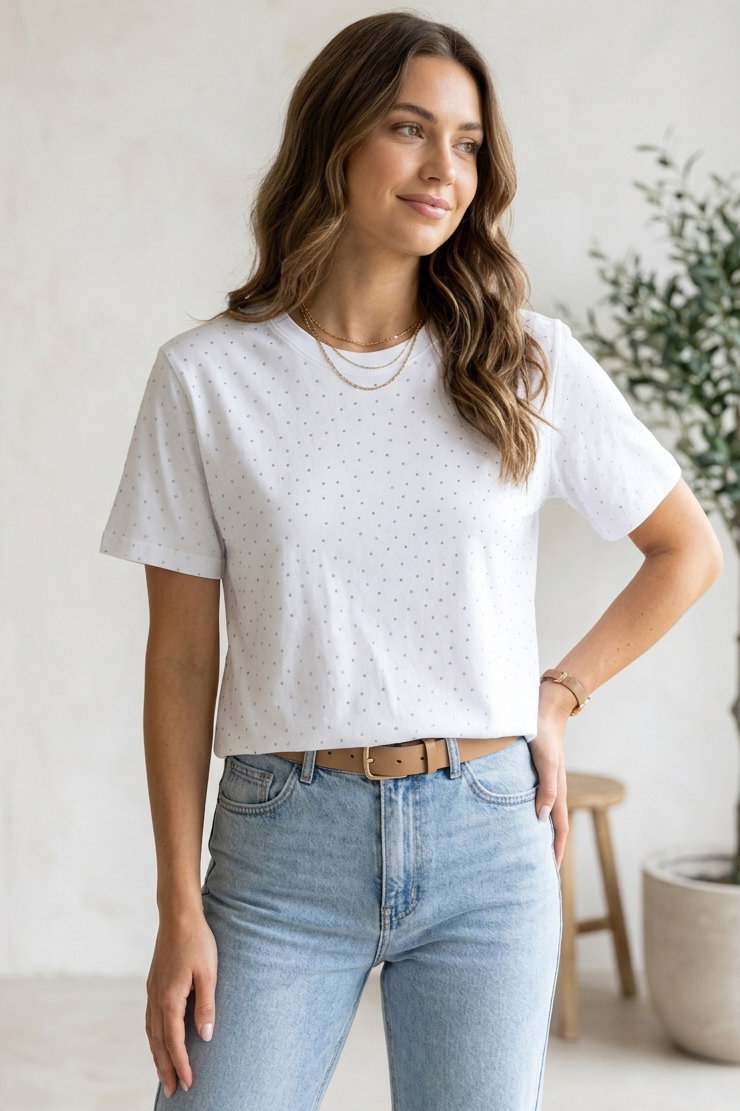 Taşlı Kısa Kollu T-shirt - 28409-BEYAZ - 1