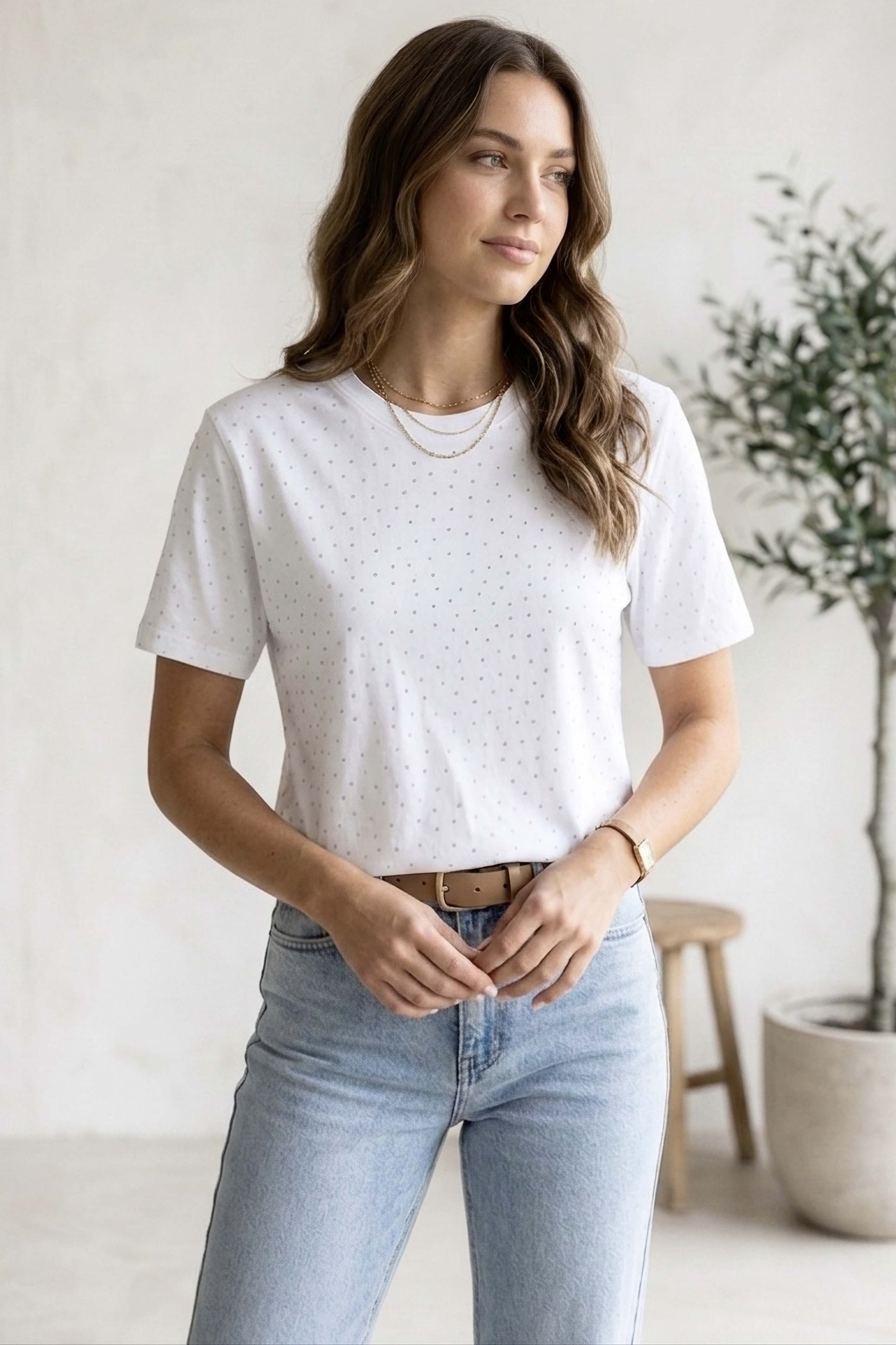 Taşlı Kısa Kollu T-shirt - 28409-BEYAZ - 2