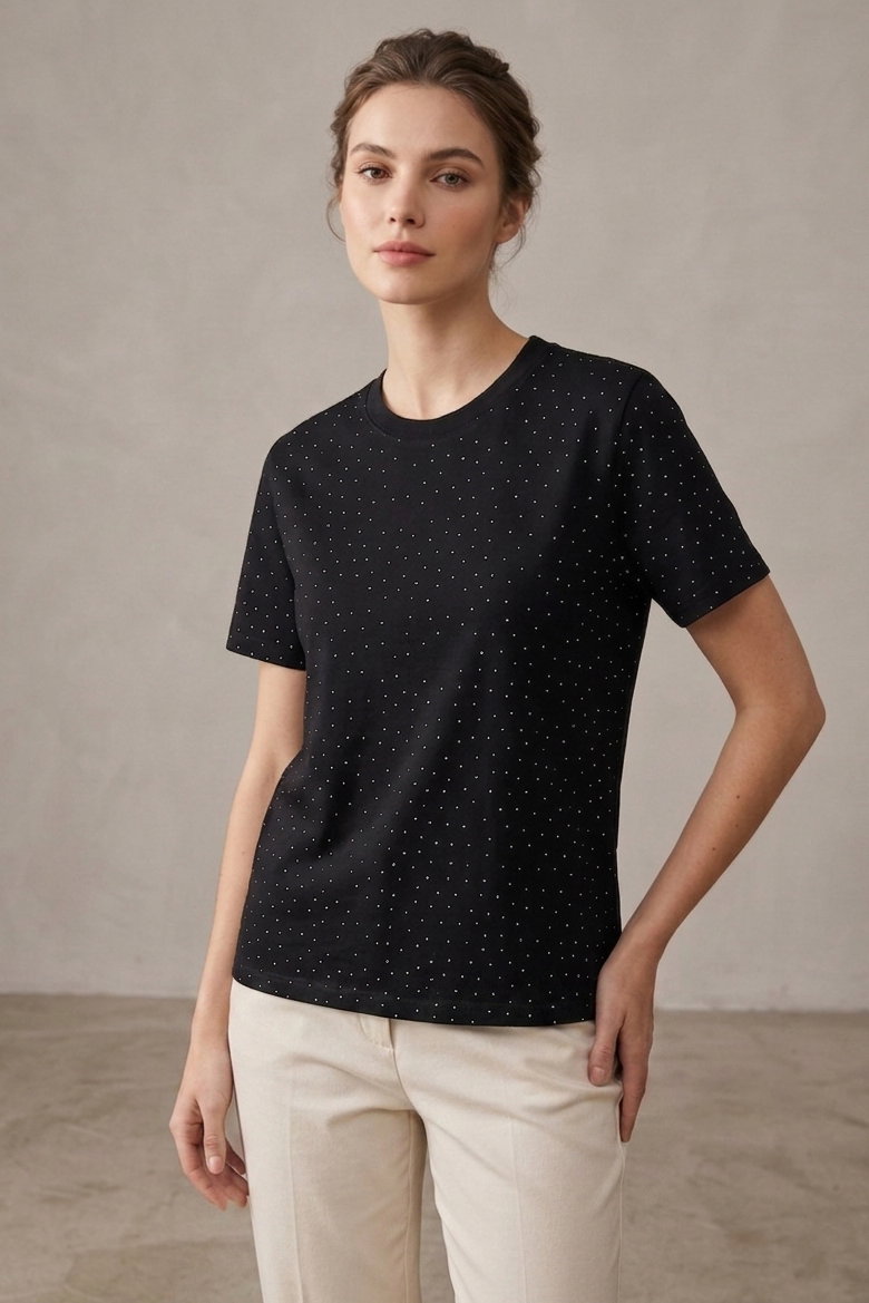 Taşlı Kısa Kollu T-shirt - 28409-SIYAH - 2