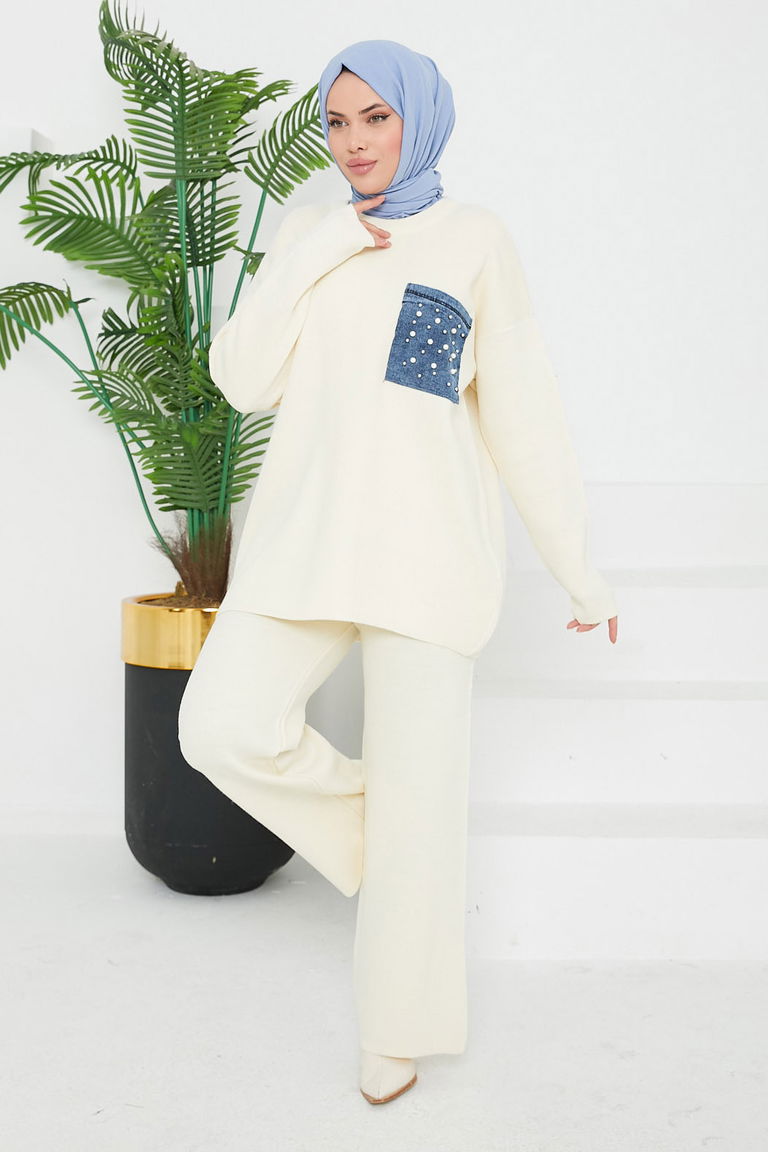 Taşlı Kot Cepli Triko Takım - 27727-EKRU - TOFİSA