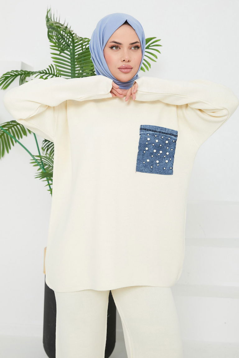 Taşlı Kot Cepli Triko Takım - 27727-EKRU - TOFİSA