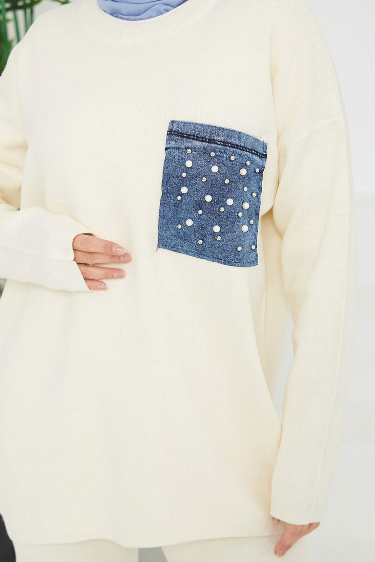 Taşlı Kot Cepli Triko Takım - 27727-EKRU - TOFİSA