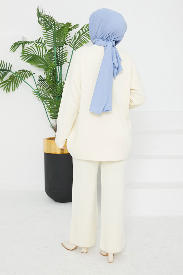 Taşlı Kot Cepli Triko Takım - 27727-EKRU - TOFİSA