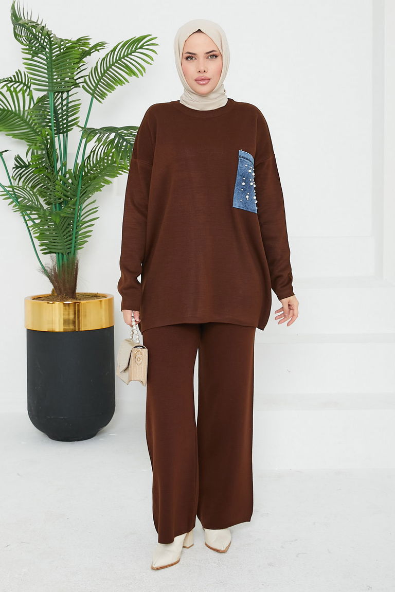 Taşlı Kot Cepli Triko Takım - 27727-KAHVE - TOFİSA