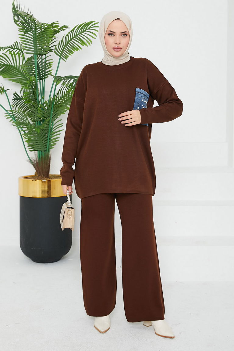 Taşlı Kot Cepli Triko Takım - 27727-KAHVE - TOFİSA