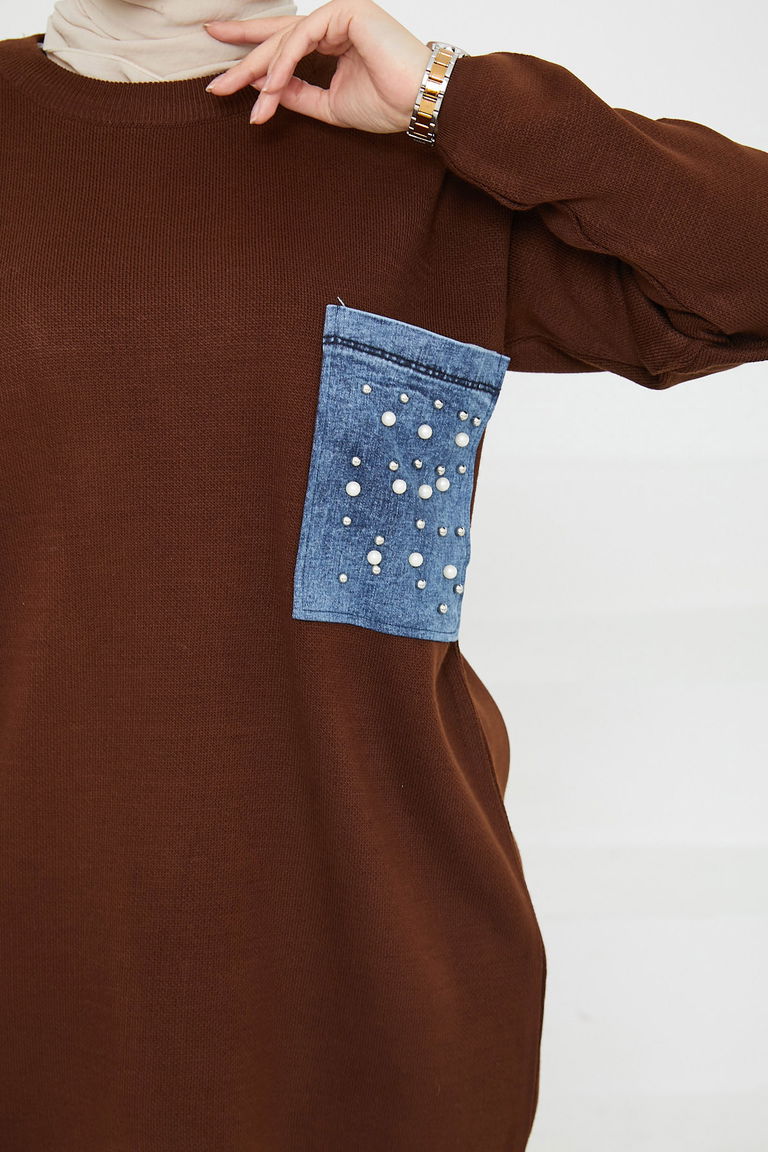 Taşlı Kot Cepli Triko Takım - 27727-KAHVE - TOFİSA