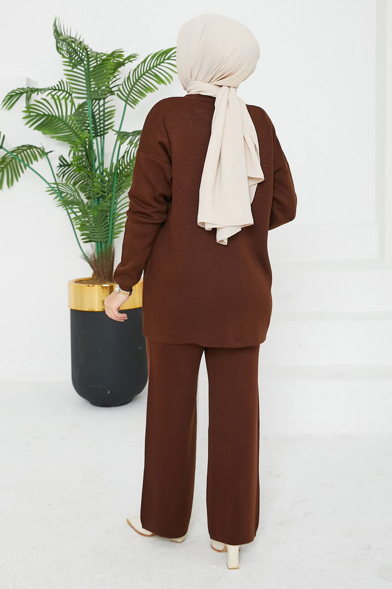 Taşlı Kot Cepli Triko Takım - 27727-KAHVE - TOFİSA