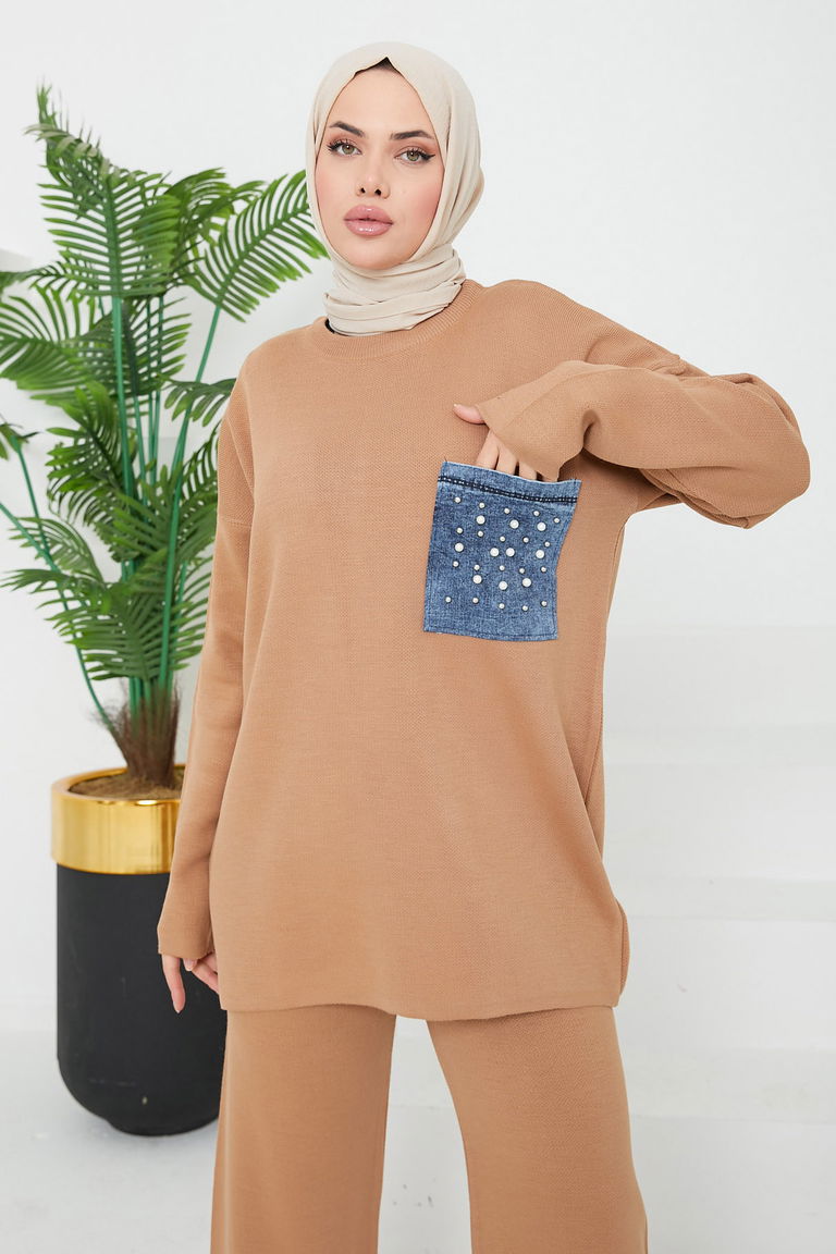 Taşlı Kot Cepli Triko Takım - 27727-VIZON - TOFİSA