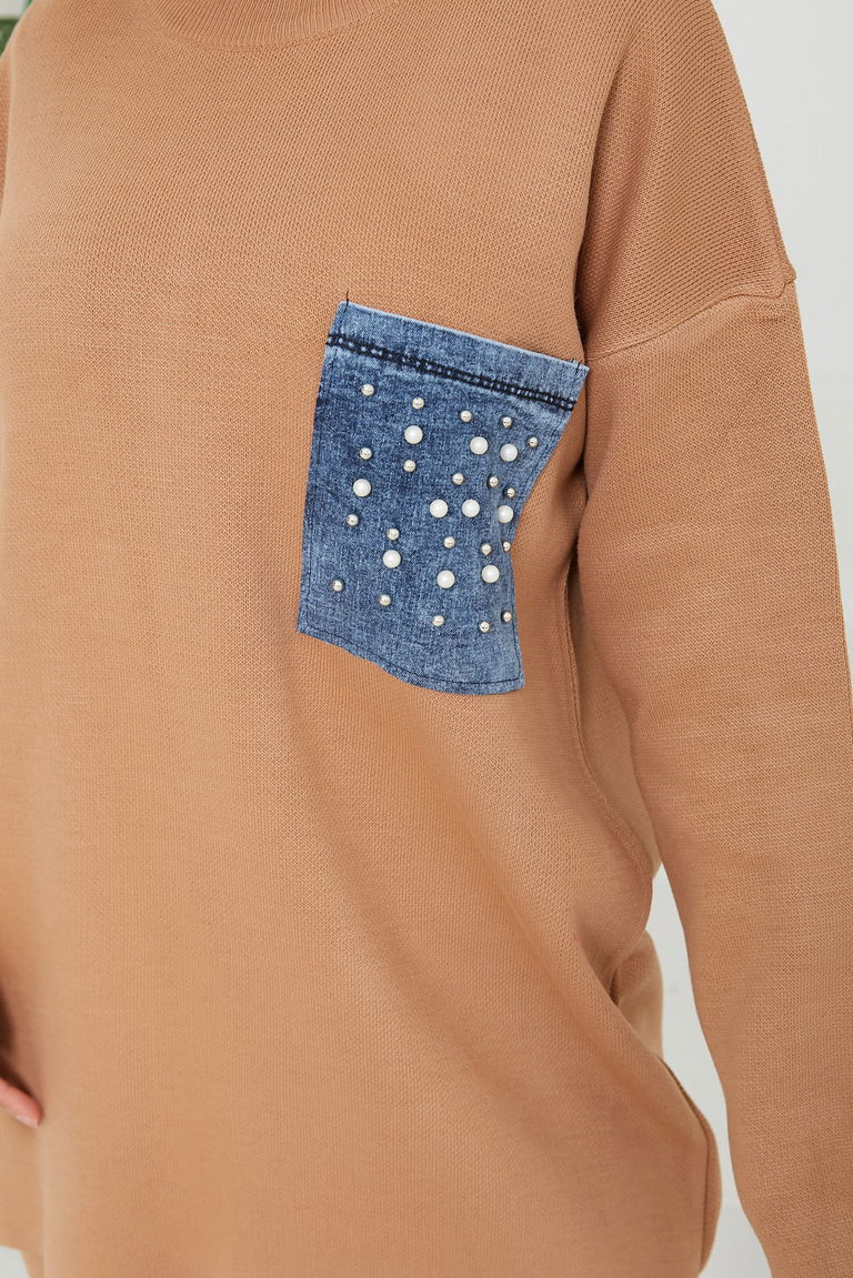 Taşlı Kot Cepli Triko Takım - 27727-VIZON - TOFİSA