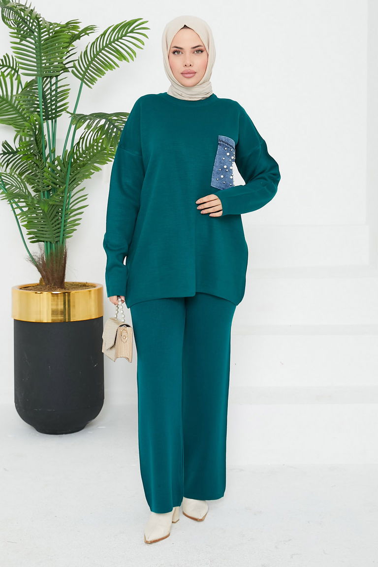 Taşlı Kot Cepli Triko Takım - 27727-ZUMRUT - TOFİSA