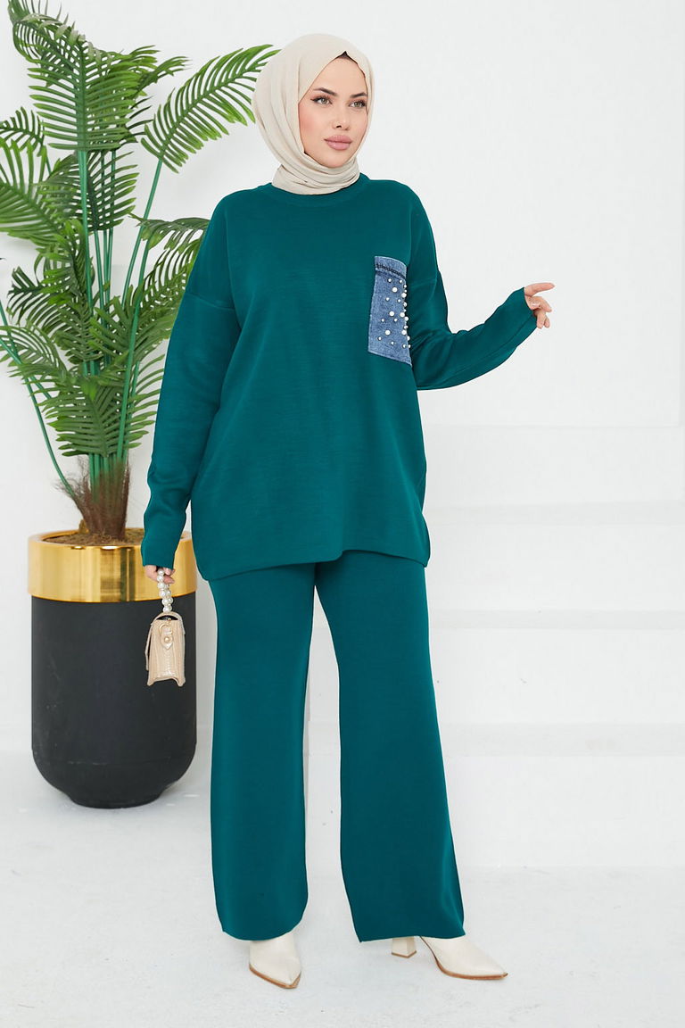 Taşlı Kot Cepli Triko Takım - 27727-ZUMRUT - TOFİSA