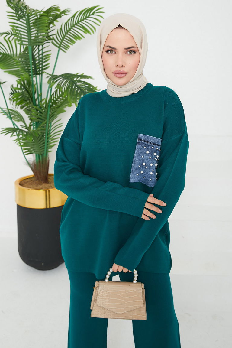 Taşlı Kot Cepli Triko Takım - 27727-ZUMRUT - TOFİSA