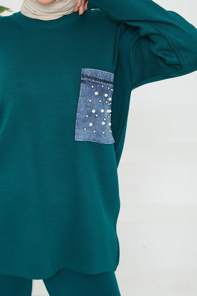 Taşlı Kot Cepli Triko Takım - 27727-ZUMRUT - TOFİSA