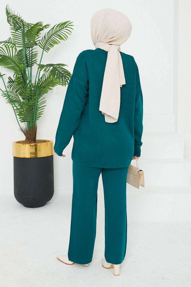 Taşlı Kot Cepli Triko Takım - 27727-ZUMRUT - TOFİSA