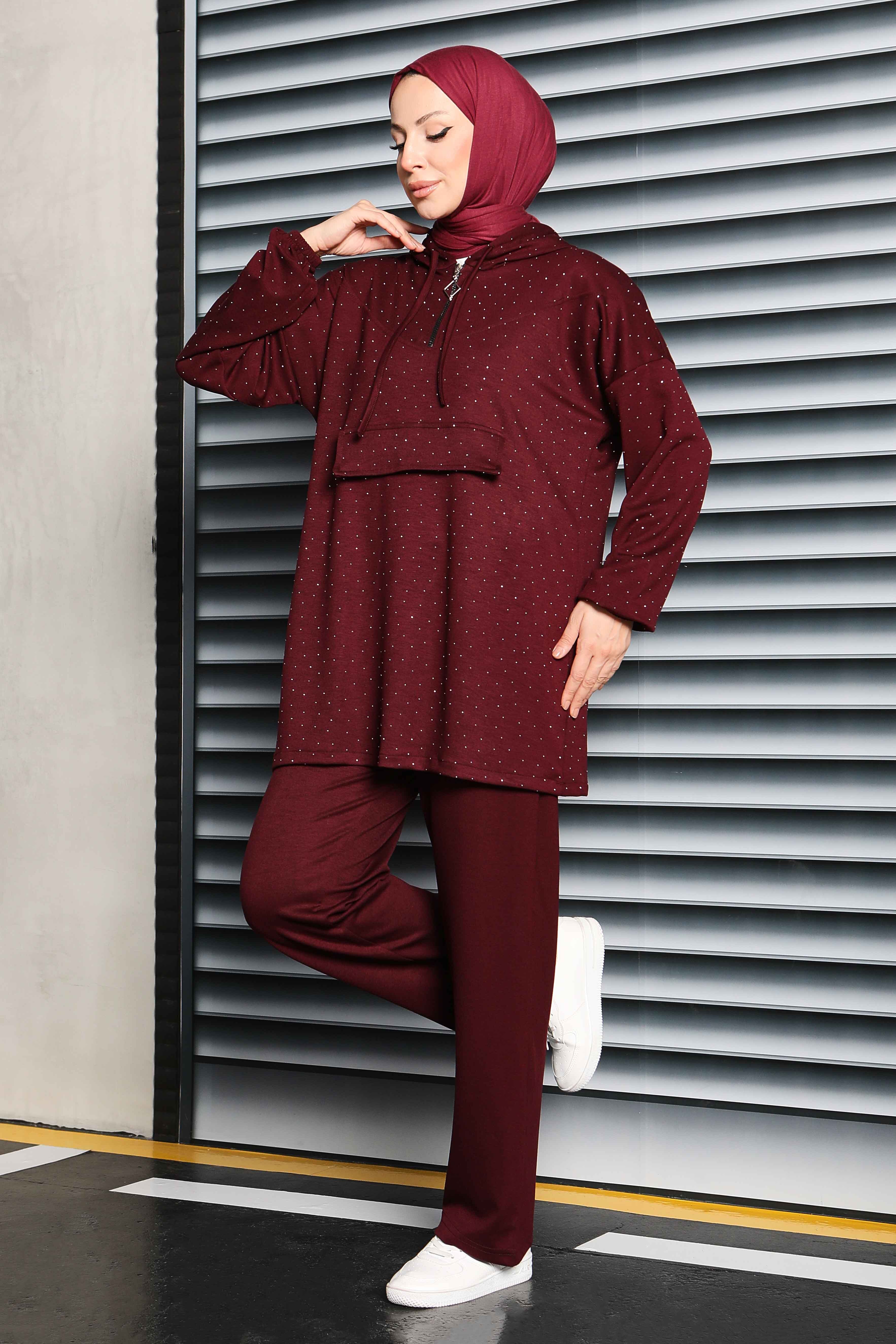 Taşlı Modal İkili Takım - 27861-BORDO - 1