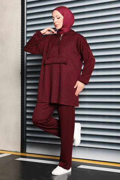 Taşlı Modal İkili Takım - 27861-BORDO 