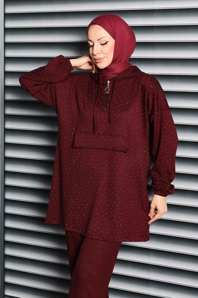 Taşlı Modal İkili Takım - 27861-BORDO - TOFİSA